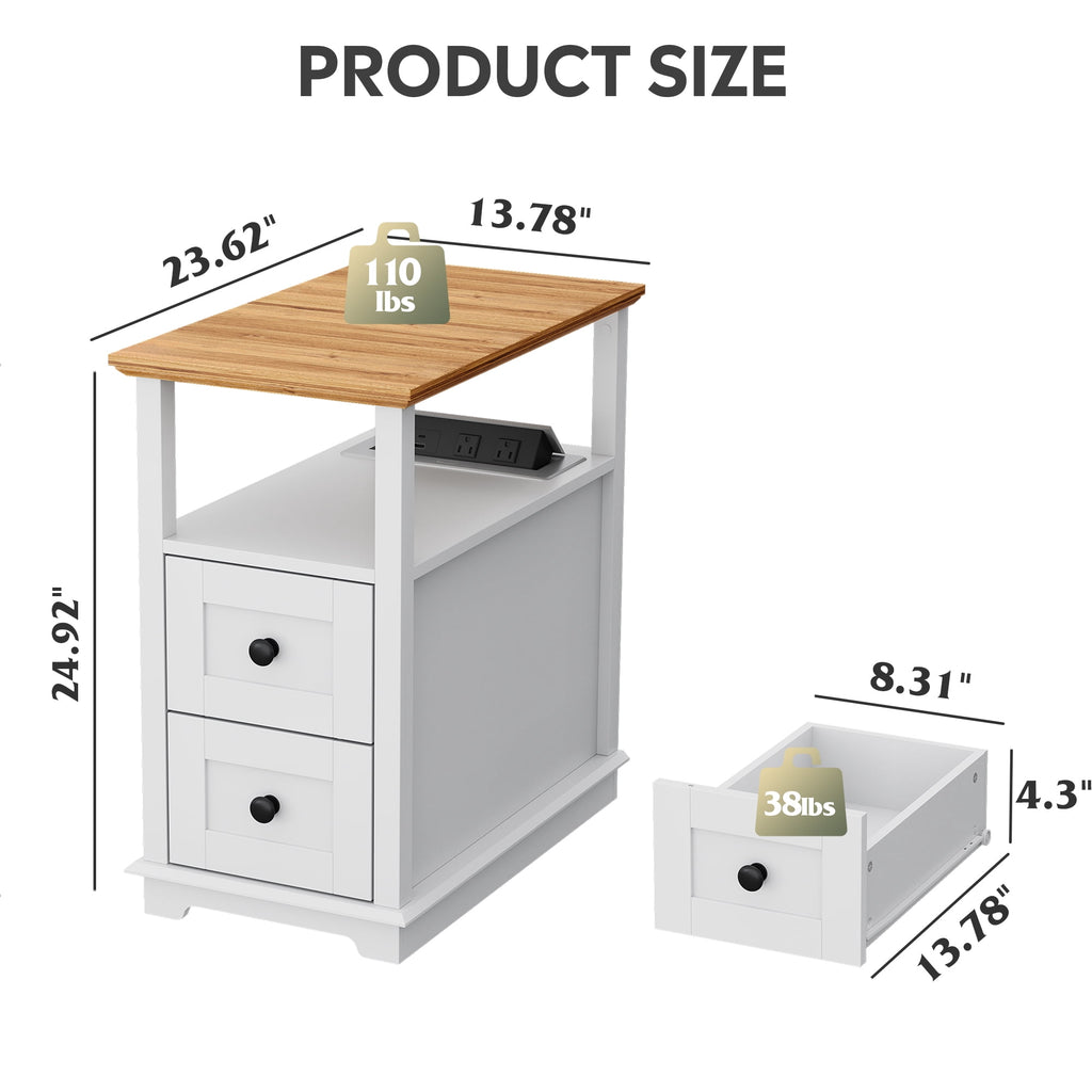 GALAXHERO Narrow Side Table with Charging Station Wooden End Table with 2 Drawers for Living Room, Bedroom, Small Space