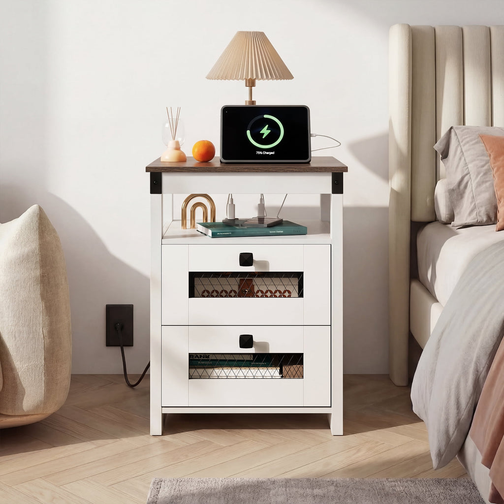 GALAXHERO Nightstand with Charging Station, Farmhouse End Table, Bed Side Table with 2 Storage Drawers and Open Shelf, Wood Rustic Nightstands for Bedroom