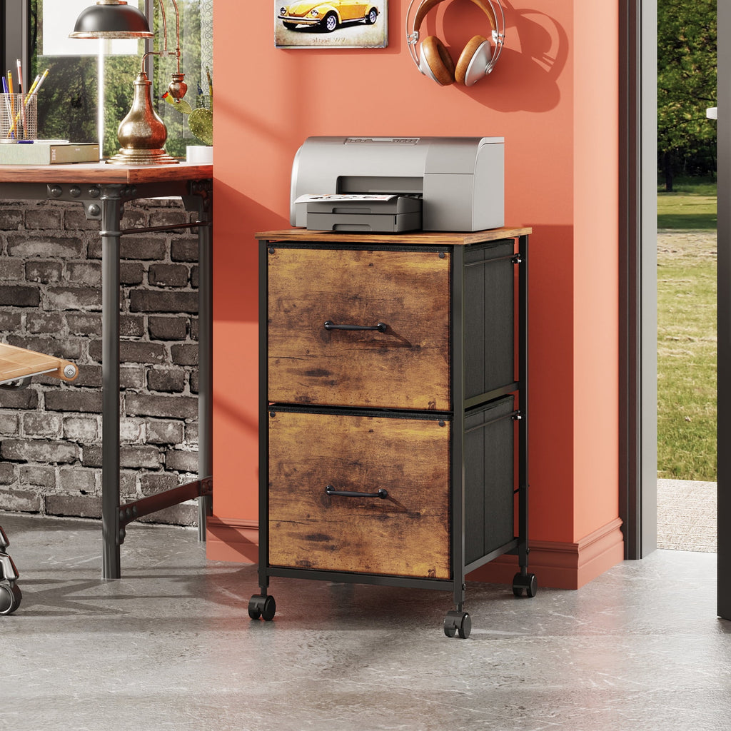 GALAXHERO 2 Drawer File Cabinet, Rolling Printer Stand Filing Cabinets for Home Office, Fabric Vertical File Cabinet Fits A4 or Letter Size, Wood Grain Print