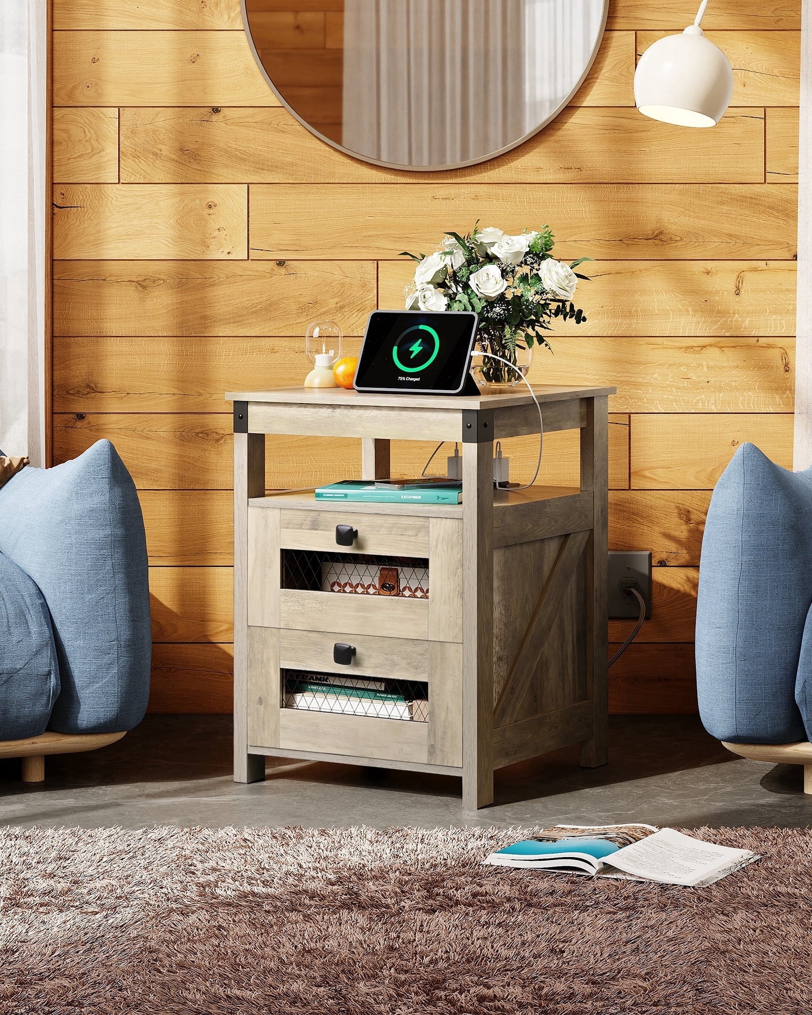 GALAXHERO Nightstand with Charging Station, Farmhouse End Table, Bed Side Table with 2 Storage Drawers and Open Shelf, Wood Rustic Nightstands for Bedroom