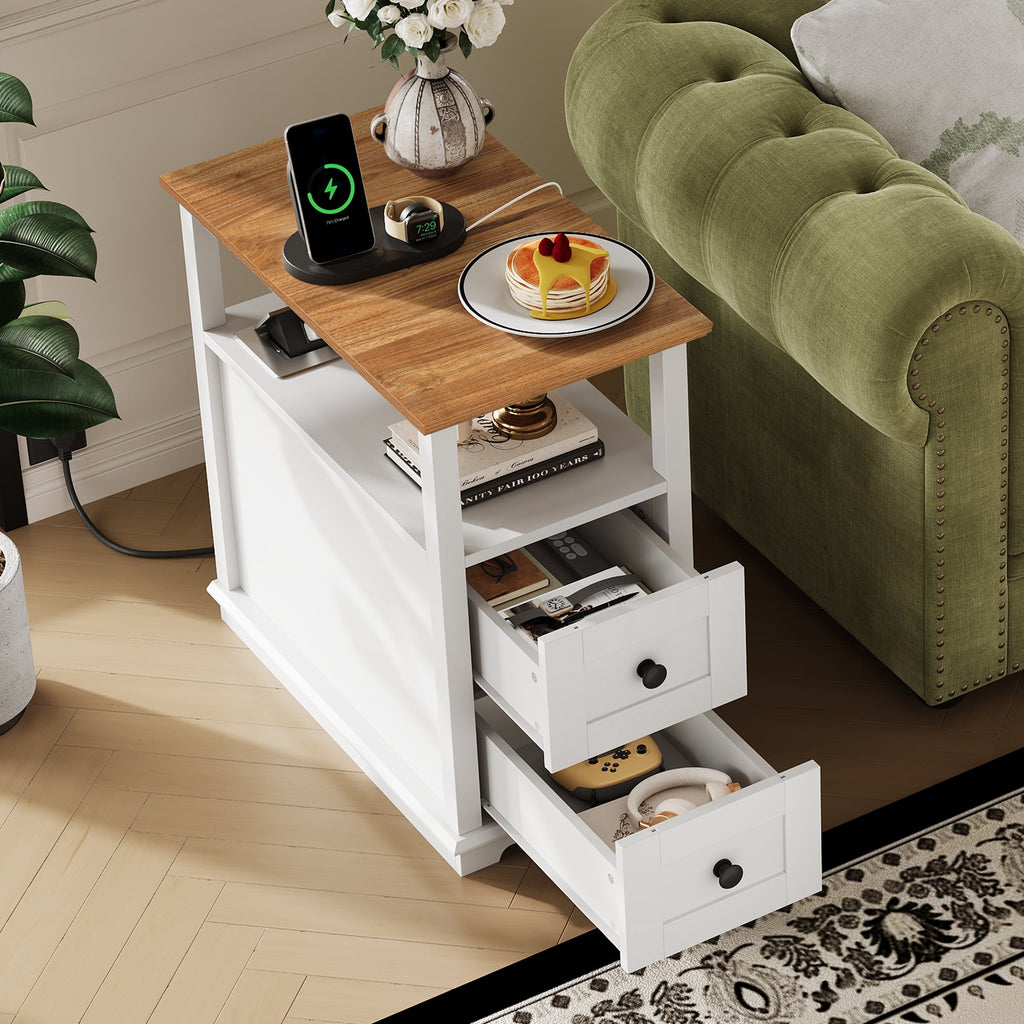 GALAXHERO Narrow Side Table with Charging Station Wooden End Table with 2 Drawers for Living Room, Bedroom, Small Space