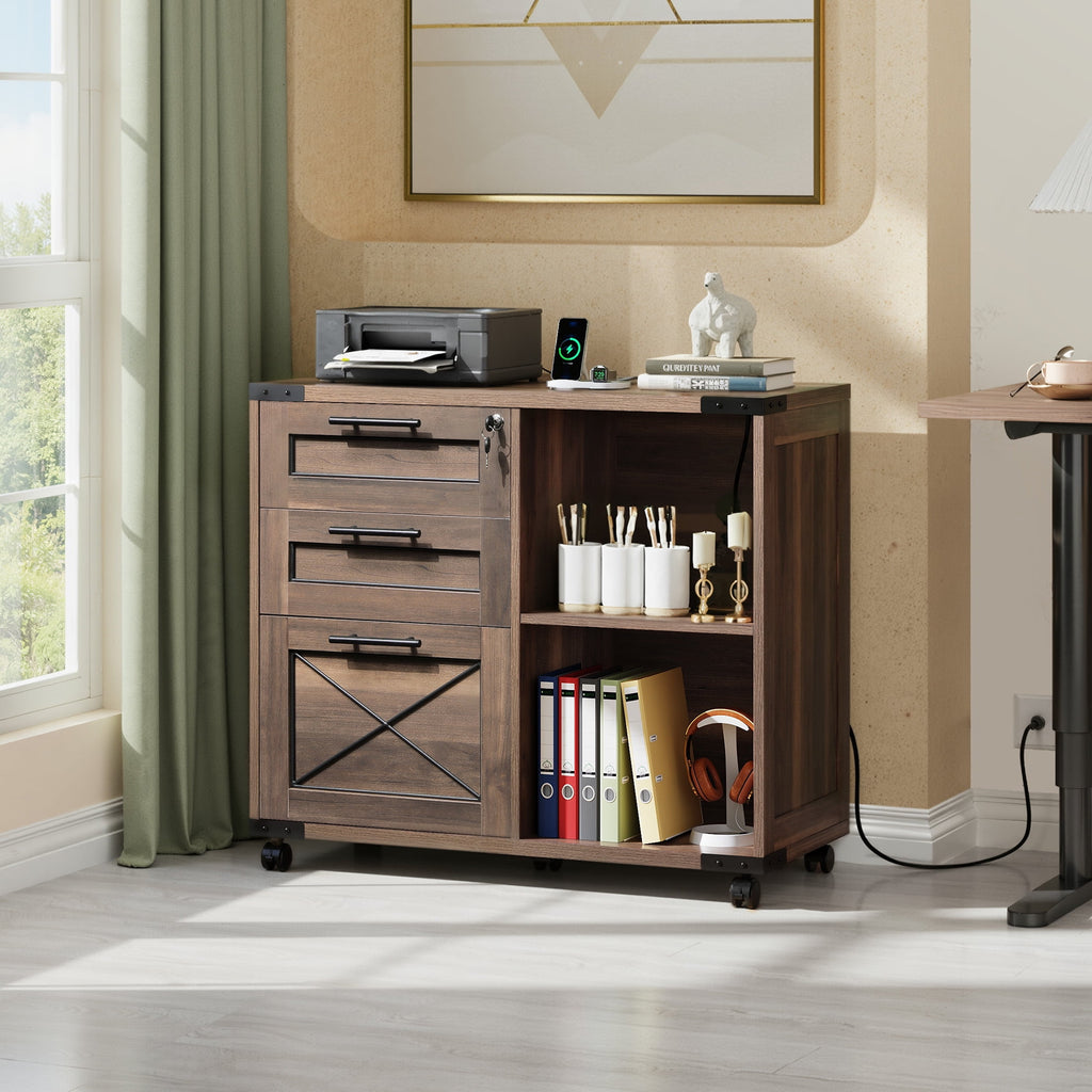 GALAXHERO 3-Drawer Locking File Cabinet, Wood Filing Cabinets with Charging Station, Rolling Printer Stand for Home Office, Dark Walnut