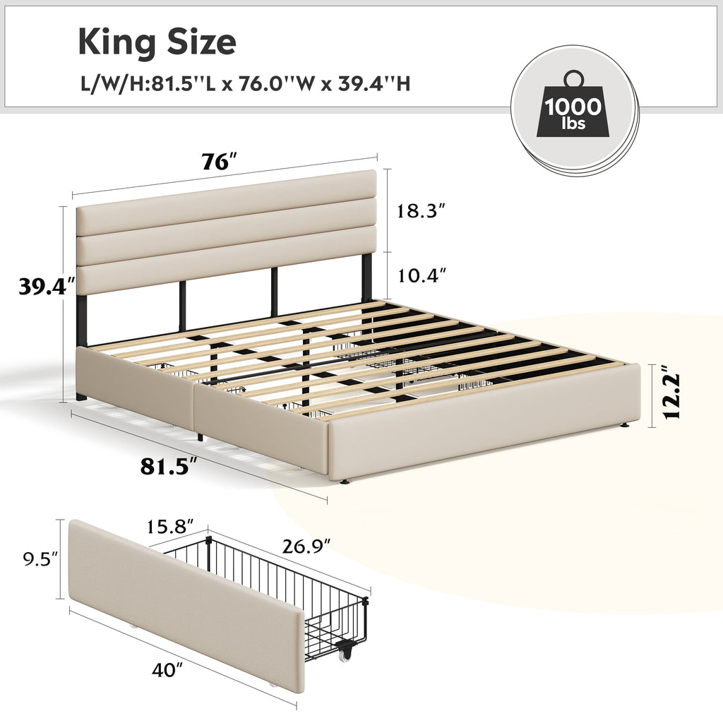 GALAXHERO King Size Upholstered Bed Frame with 4 Storage Drawers and Headboard, Velvet Platform Bedframe, Sturdy Metal & Wooden Slats Support, No Box Spring Needed, Easy Assembly