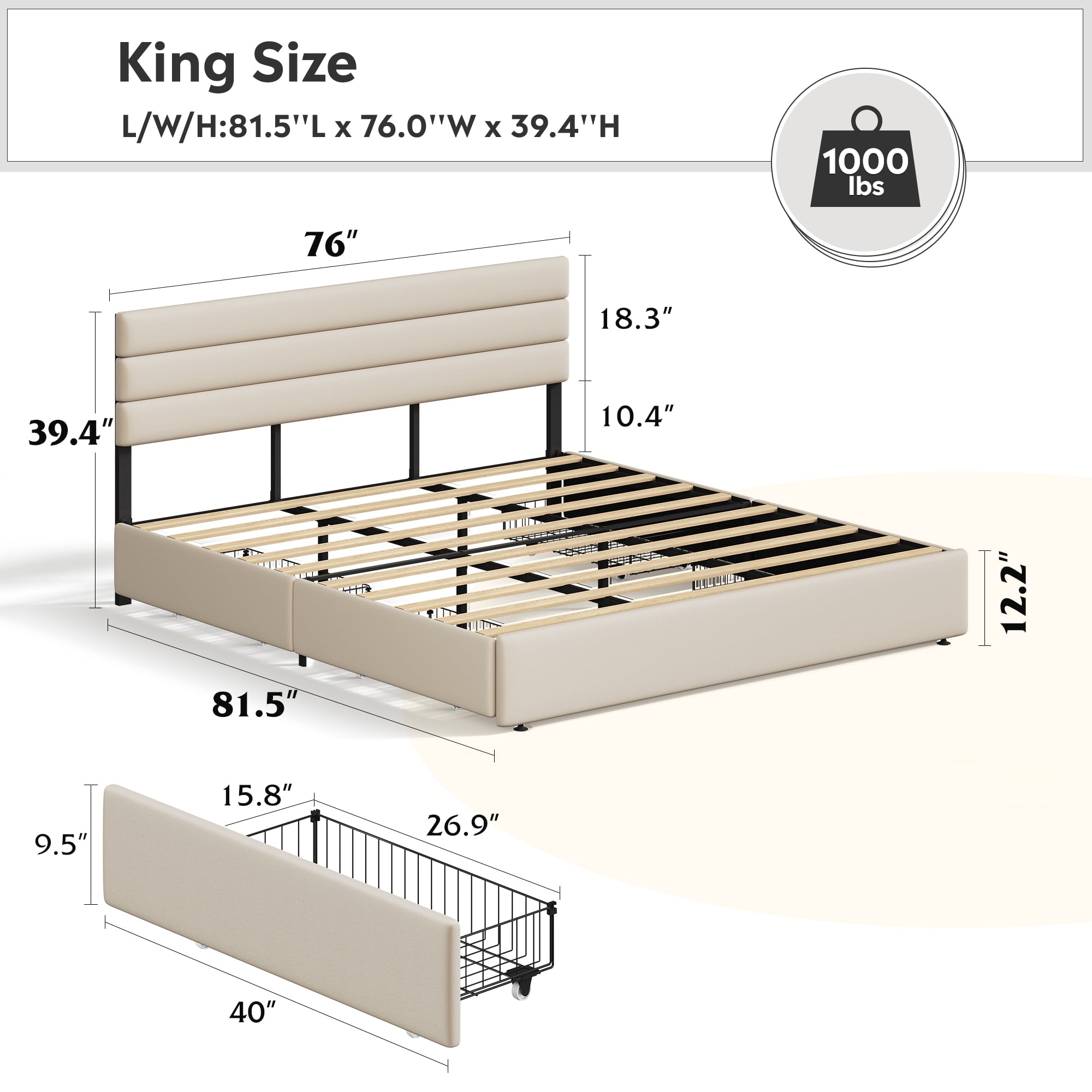 GALAXHERO King Size Upholstered Bed Frame with 4 Storage Drawers and Headboard, Velvet Platform Bedframe, Sturdy Metal & Wooden Slats Support, No Box Spring Needed, Easy Assembly