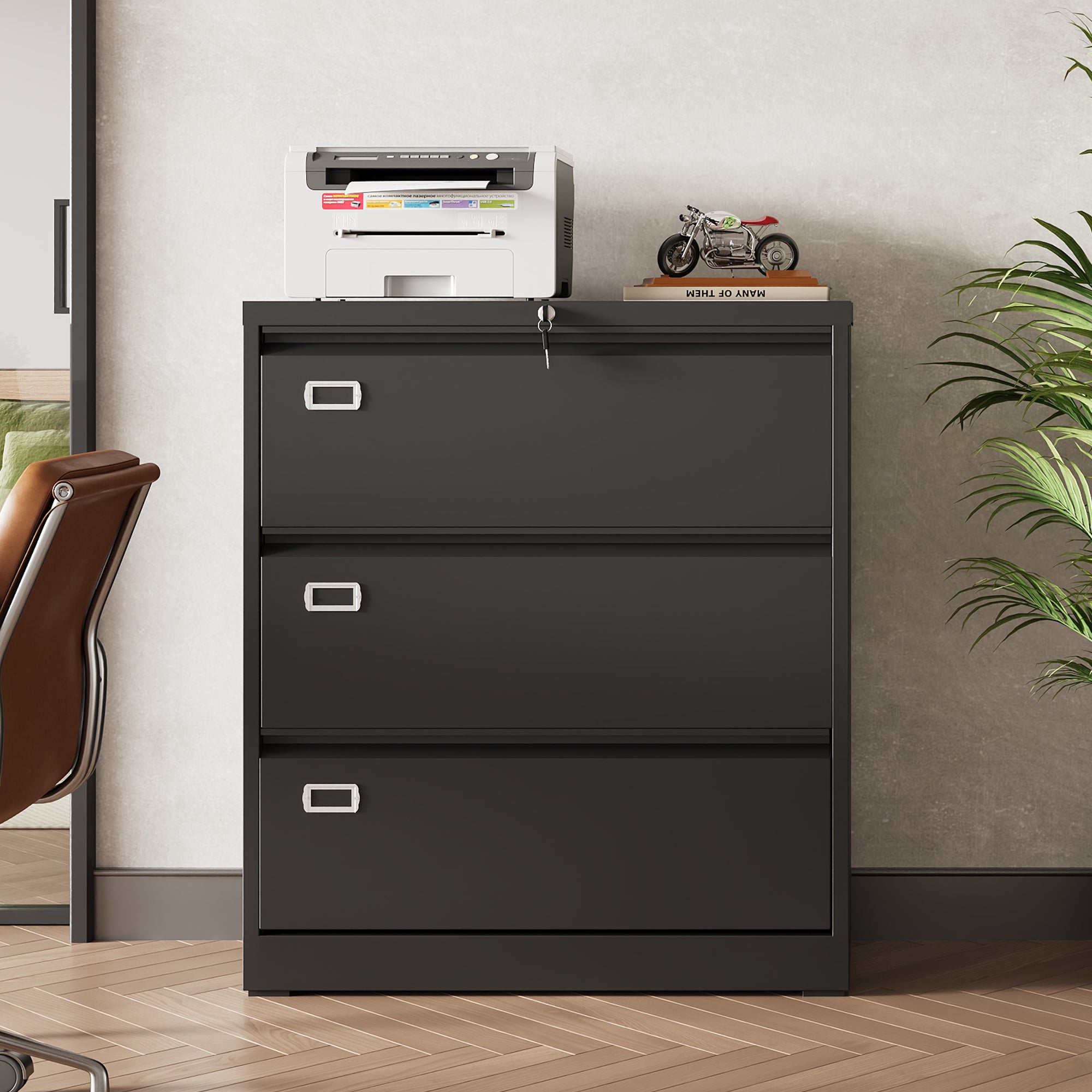 GALAXHERO Lateral File Cabinet with 3 Drawer, Metal Lockable Storage Cabinet for Home Office, Hanging Files Letter/Legal/F4/A4 Size, Black