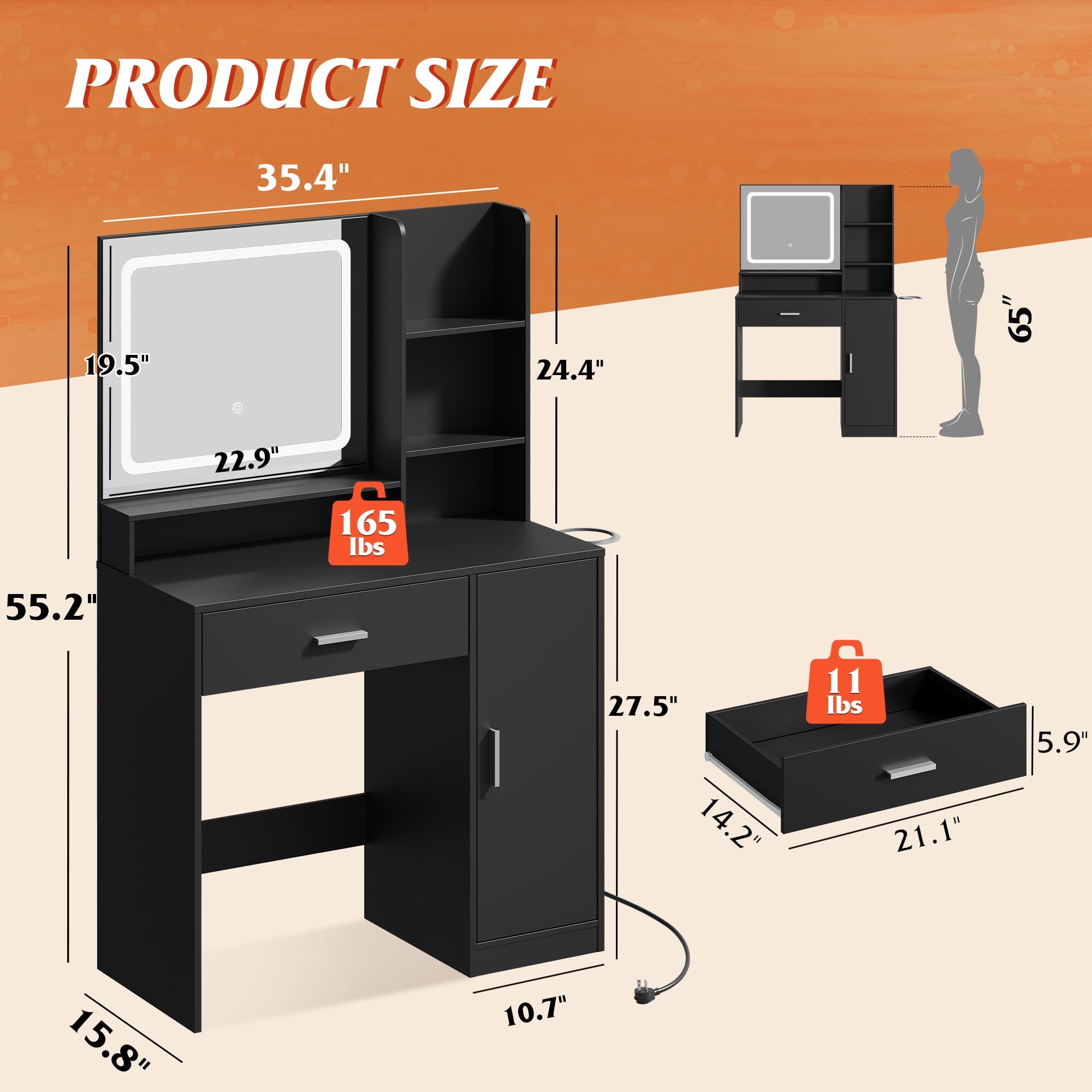 GALAXHERO Vanity Desk with Mirror and Lights, Makeup Tables with Drawer, Cabinet and Storage Shelves,Girls Dressing Table with Charging Station