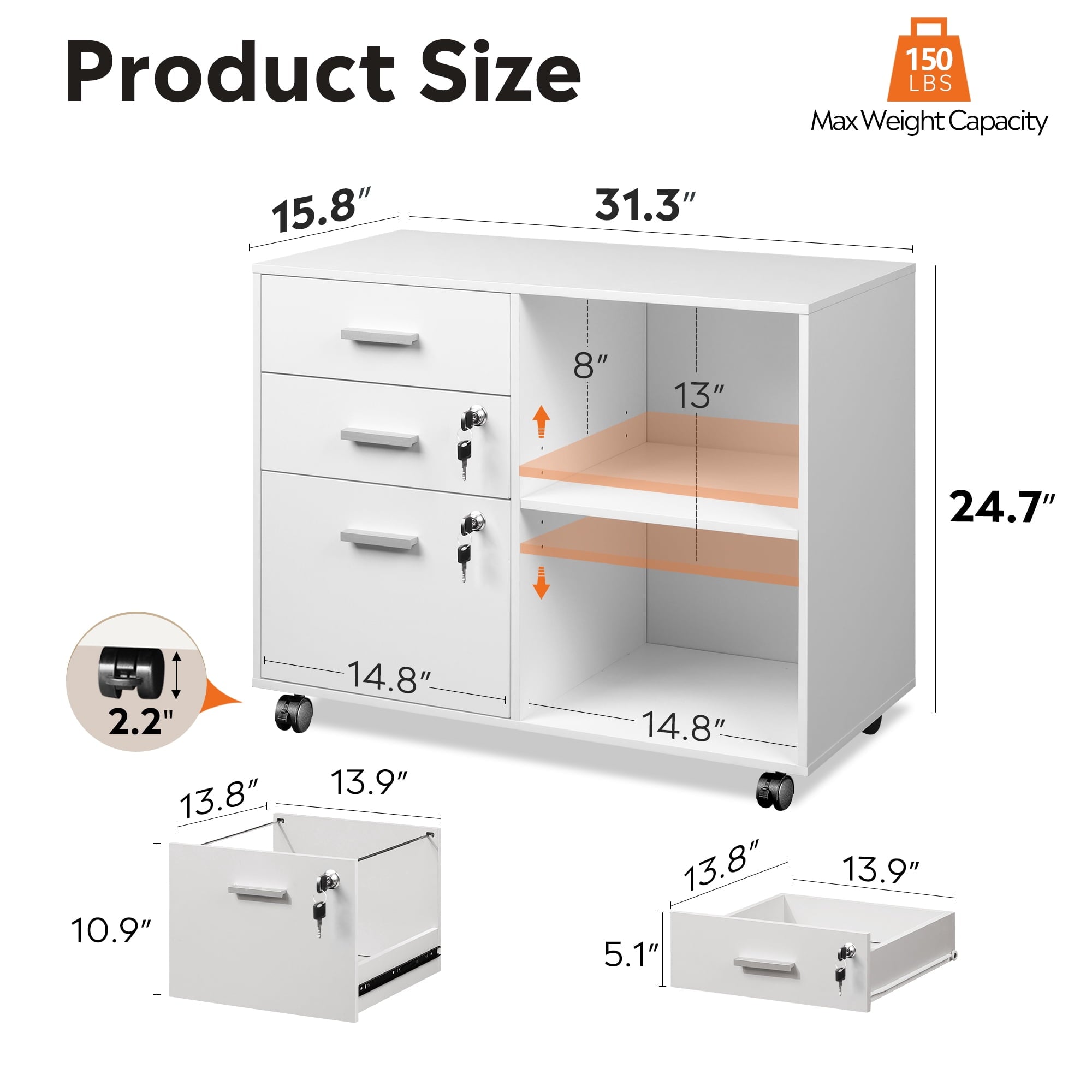 GALAXHERO 3-Drawer File Cabinet with Lock and Key, Mobile Wood Lateral Filing Cabinet & Printer Stand with Open Shelves for Home Office