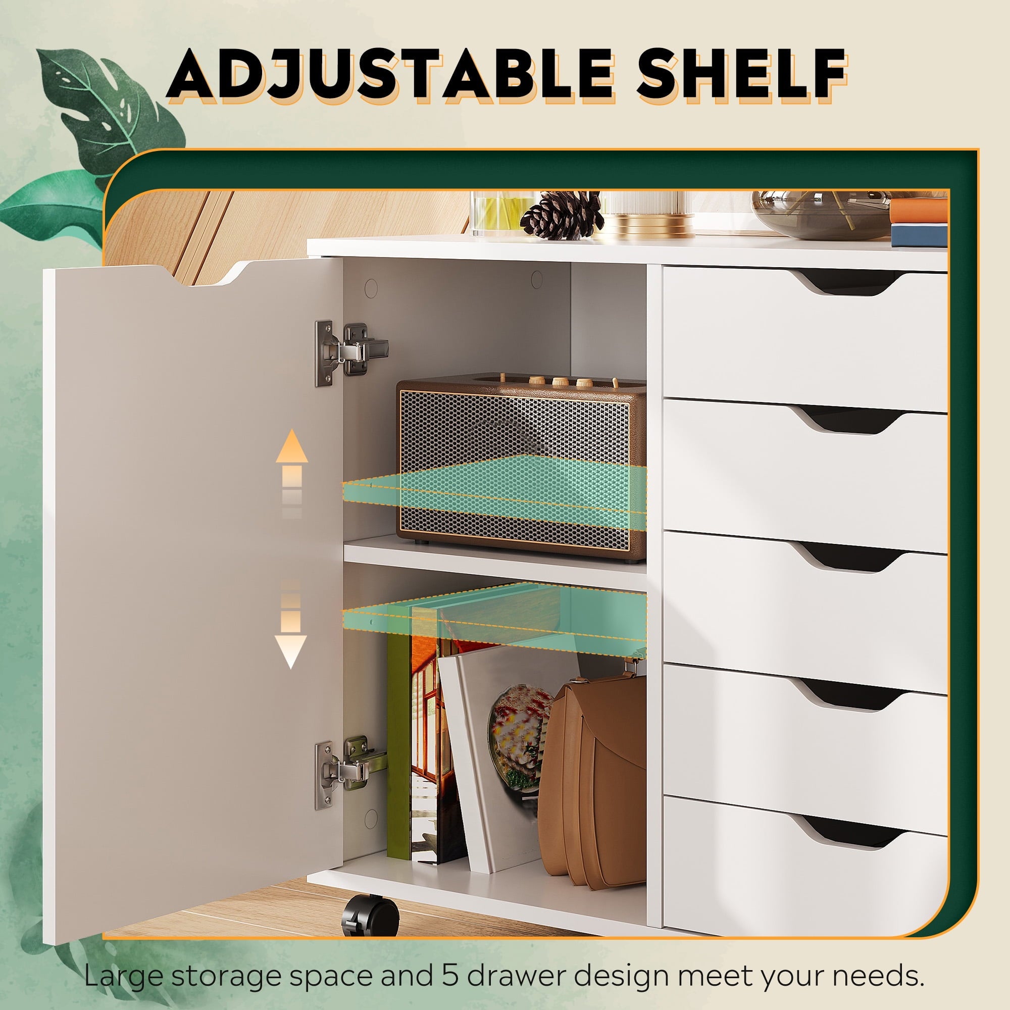 GALAXHERO 5 Drawer Wood File Cabinet, Mobile Printer Stand with Storage and Door for Home Office