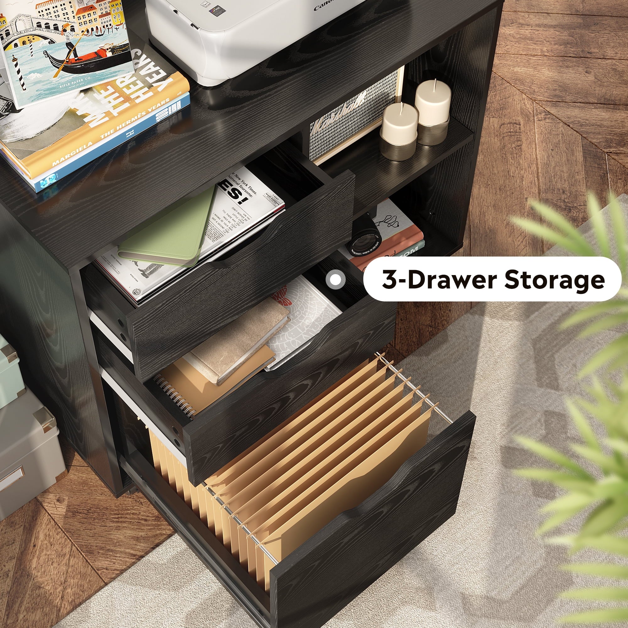 GALAXHERO File Cabinet 3-Drawer Wood Mobile Lateral Cabinet for Home Office with Printer Stand and Open Storage Shelves