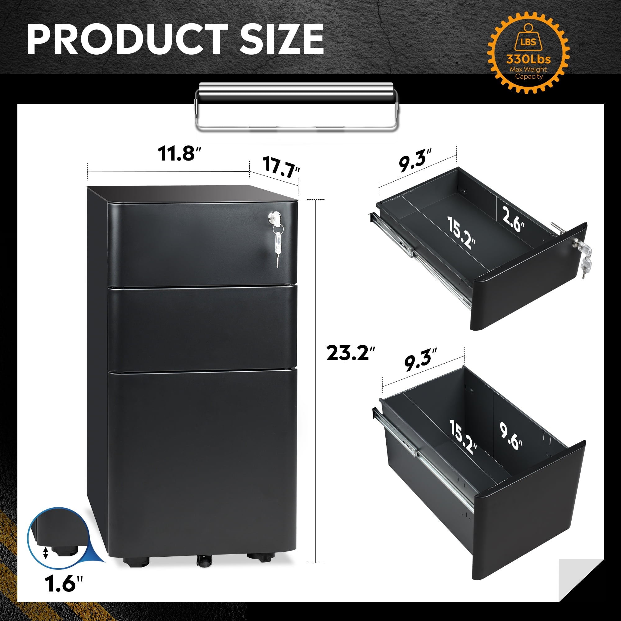 GALAXHERO 3 Drawer Metal File Cabinet with Lock, Vertical Rolling Filing Cabinet for Home Office, Fits A4/Letter/Legal