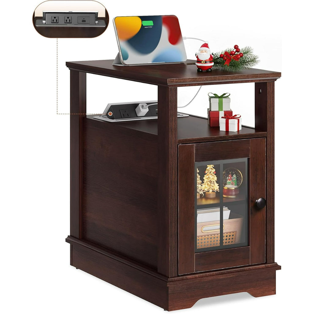 GALAXHERO Farmhouse End Table with Charging Station Narrow Side Table for Living Room Night Stand with Storage, Nightstand with USB Ports and Outlets for Bedroom Brown