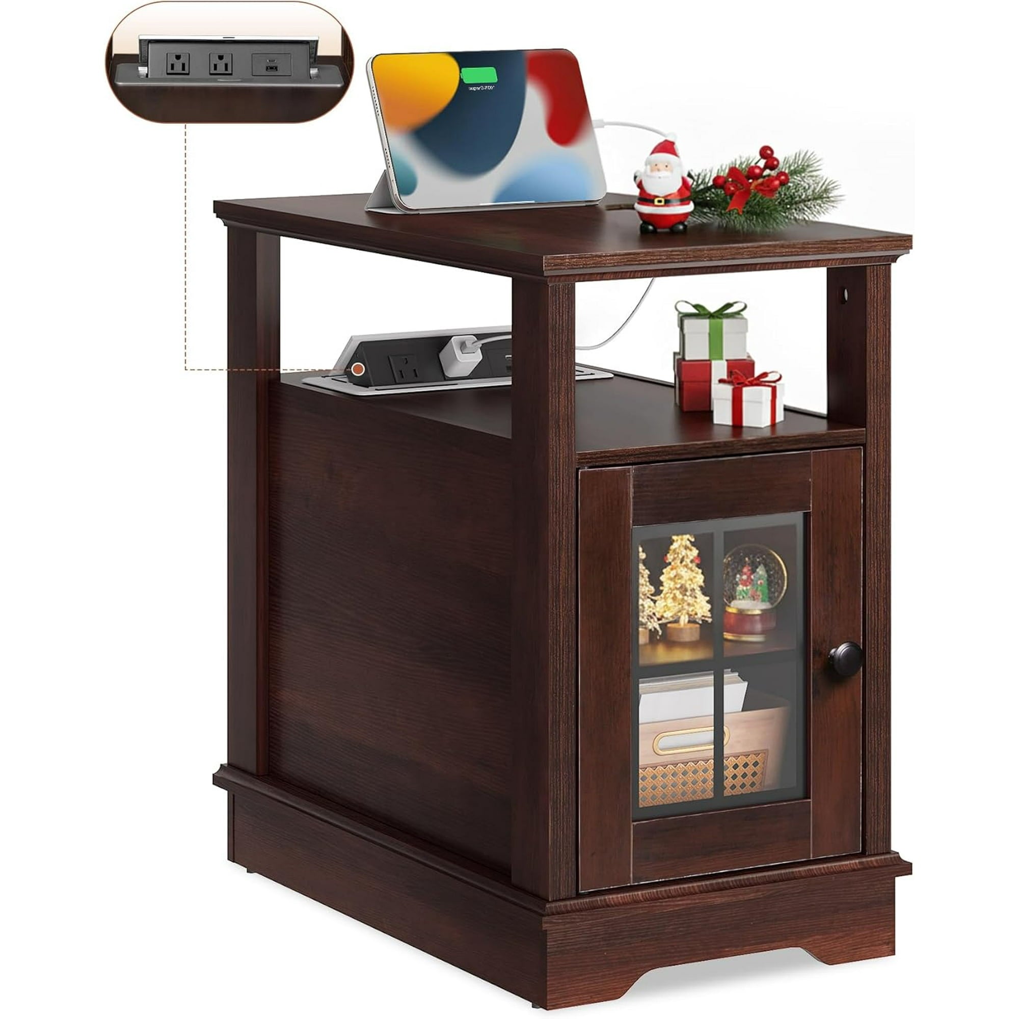 GALAXHERO Farmhouse End Table with Charging Station Narrow Side Table for Living Room Night Stand with Storage, Nightstand with USB Ports and Outlets for Bedroom Brown