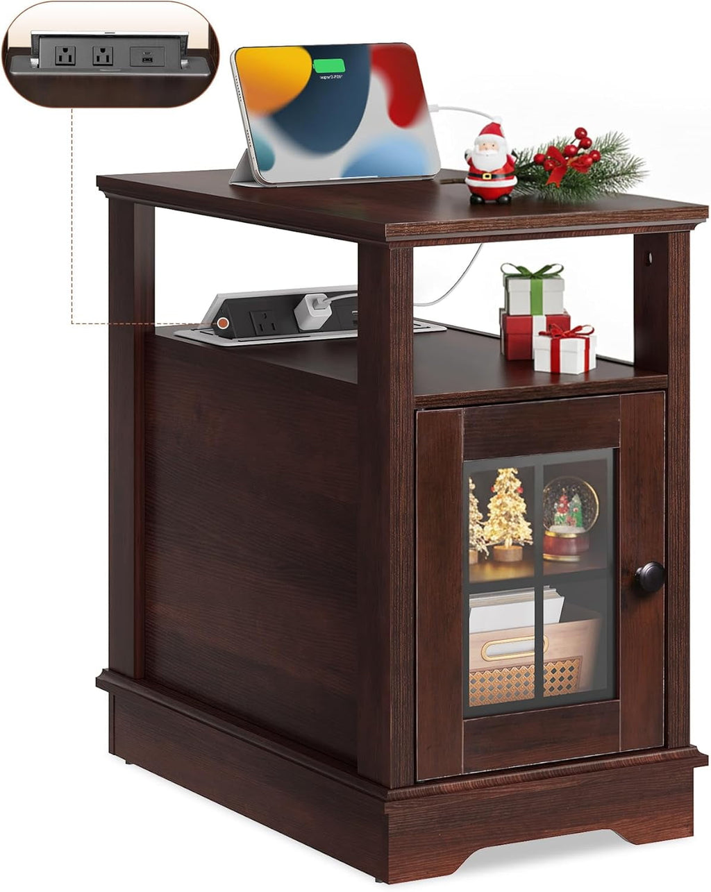 GALAXHERO Farmhouse End Table with Charging Station Narrow Side Table for Living Room Night Stand with Storage, Nightstand with USB Ports and Outlets for Bedroom Espresso