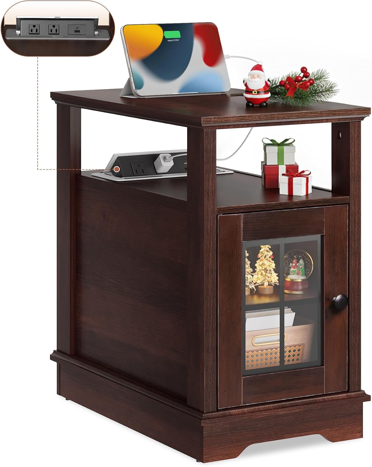 GALAXHERO Farmhouse End Table with Charging Station Narrow Side Table for Living Room Night Stand with Storage, Nightstand with USB Ports and Outlets for Bedroom Espresso