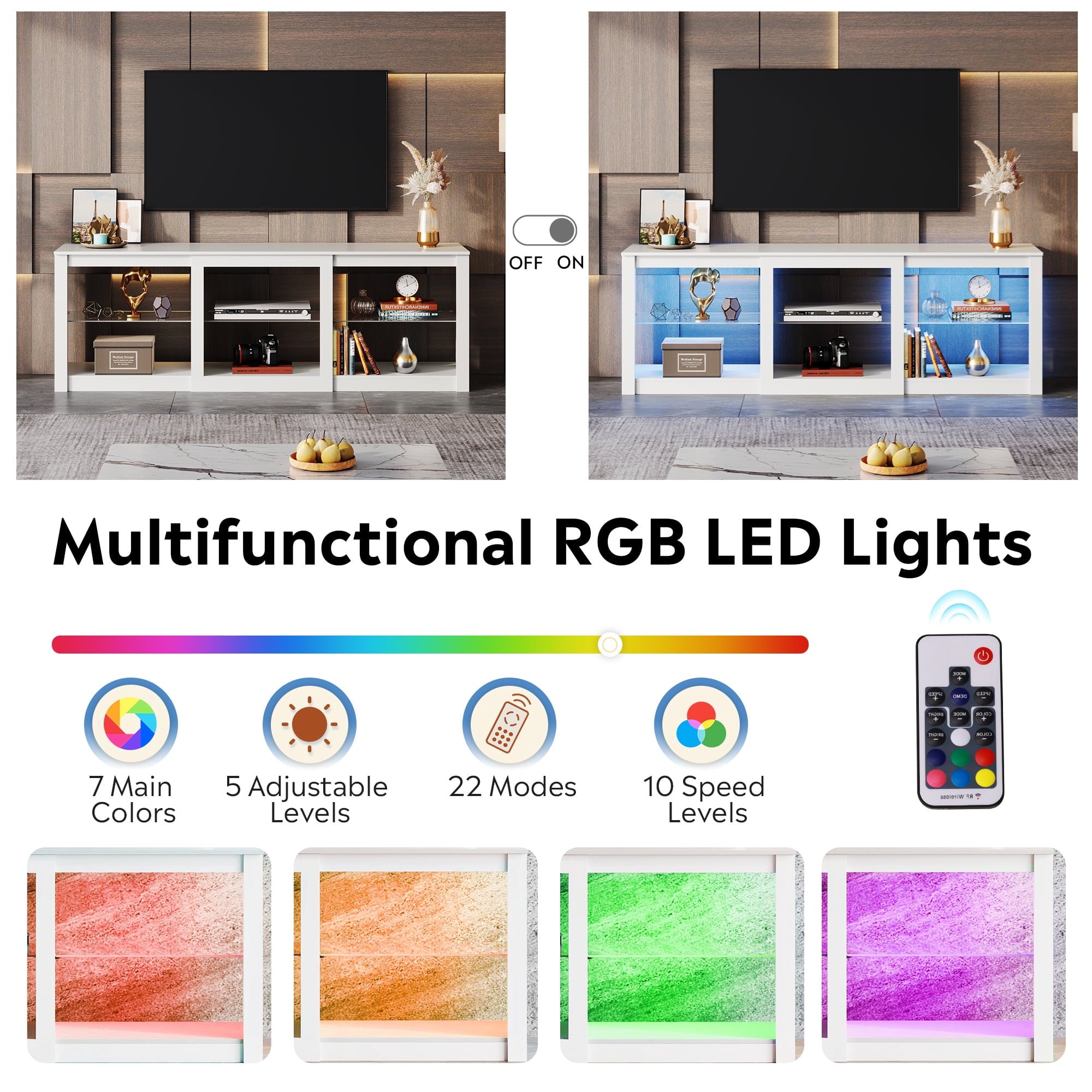 GALAXHERO TV Stand for 55/65/75 Inch, TV Modern Entertainment Center with LED Lights & Adjustable Glass Shelves Sturdy Media Console for Living Room, Bedroom, Gaming