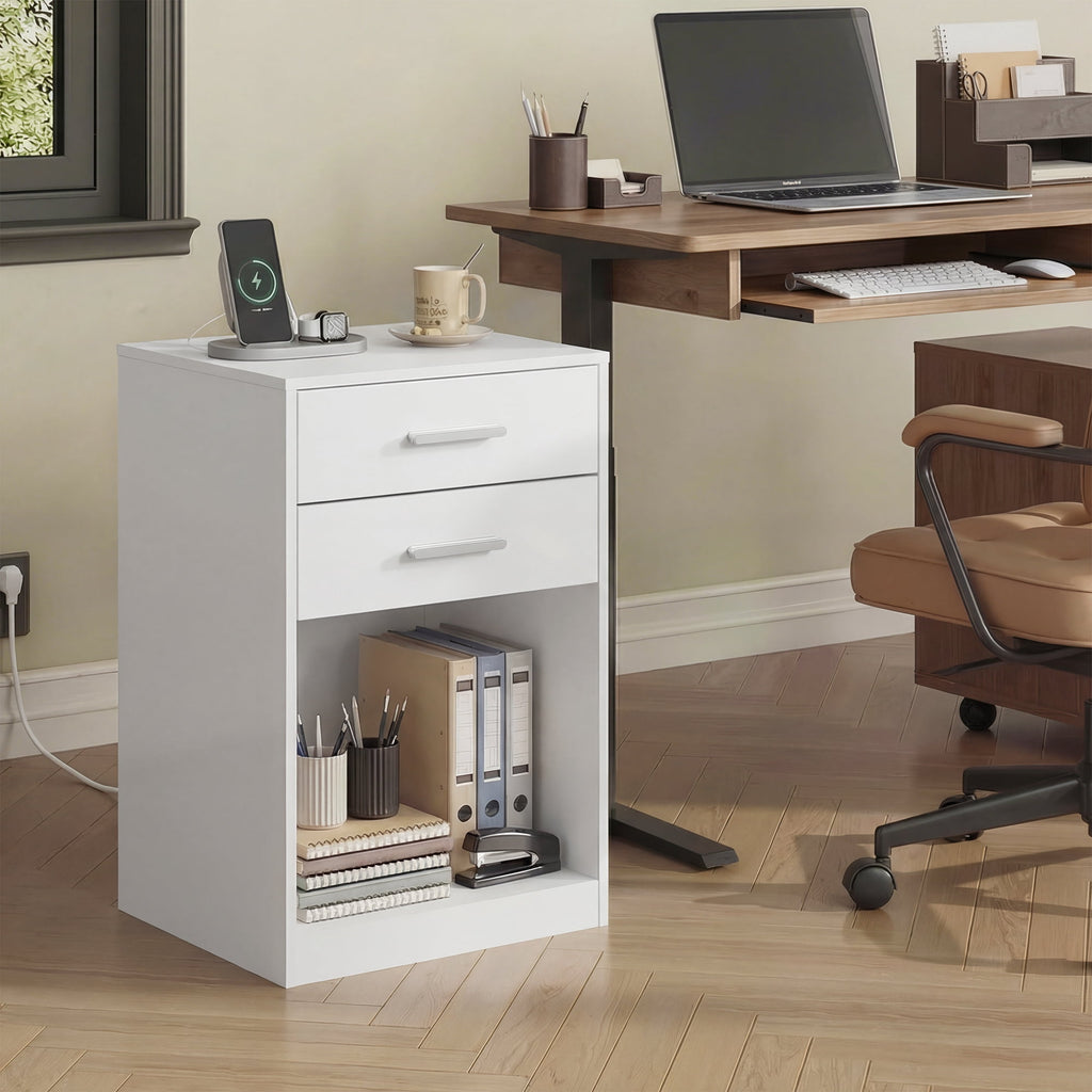 GALAXHERO Nightstand Set of 2 with Charging Station and 2 Drawers, Wood Bedside Table End Table with Open Shelf for Bedroom, Living Room