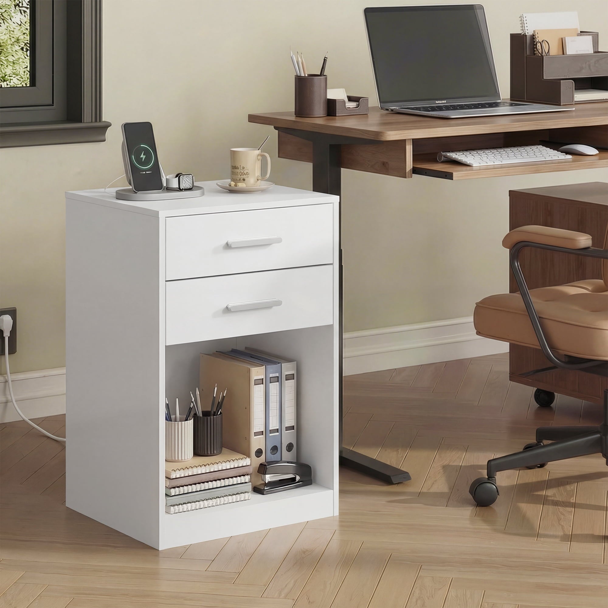 GALAXHERO Nightstand Set of 2 with Charging Station and 2 Drawers, Wood Bedside Table End Table with Open Shelf for Bedroom, Living Room