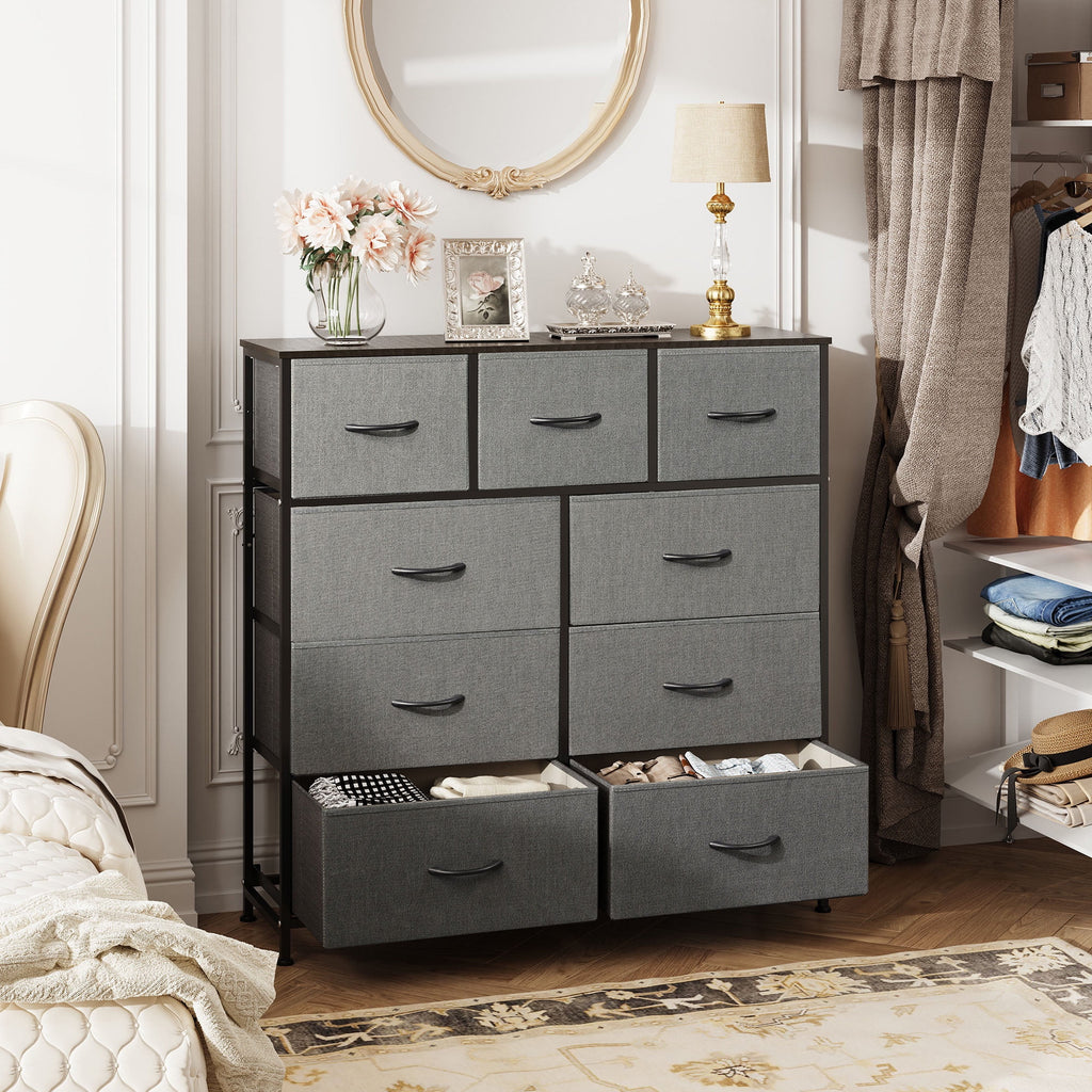 GALAXHERO Dresser 9-Drawer Fabric Storage Tower Chest for Bedroom, Hallway, Entryway, Closet with Fabric Bins, Steel Frame, Wood Top, Easy Pull Handle, Dark Grey