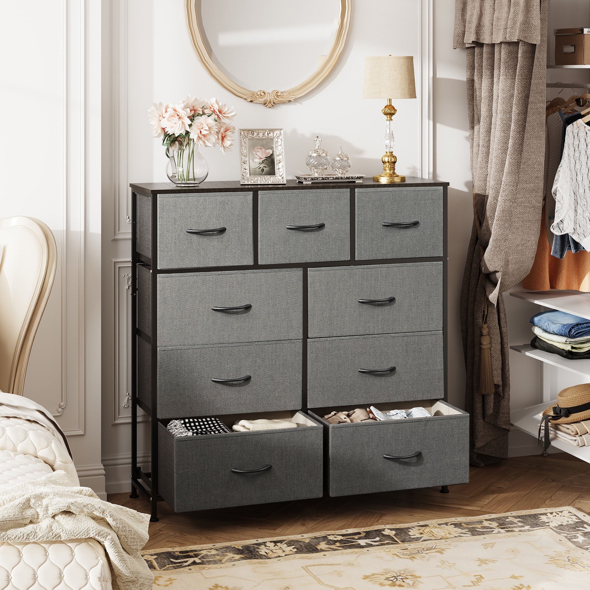 GALAXHERO Dresser 9-Drawer Fabric Storage Tower Chest for Bedroom, Hallway, Entryway, Closet with Fabric Bins, Steel Frame, Wood Top, Easy Pull Handle, Dark Grey