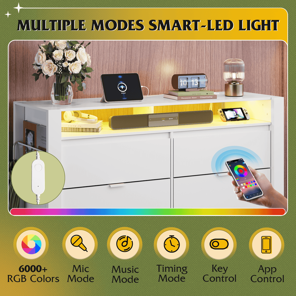GALAXHERO 6 Drawer Dresser for Bedroom with LED Lights, Double Dresser with Charging Station, Large Wood Chest of Drawers, TV Stand for 55 inch TV for Closet, Living Room