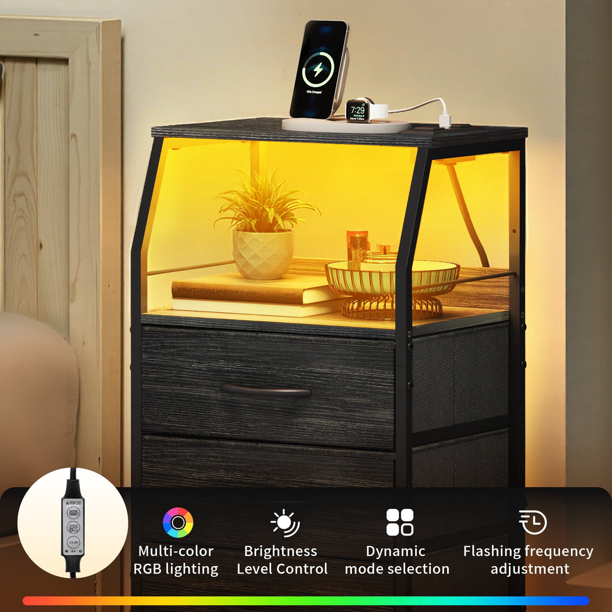 GALAXHERO 4 Drawer Dresser for Bedroom, Nightstand with Charging Station and LED, Tall Bedside Table with Storage Shelfs