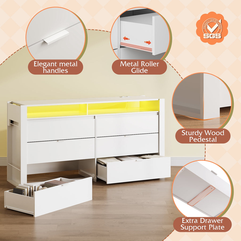 GALAXHERO 6 Drawer Dresser with LED Lights, Modern Dresser with Charging Station, Large Wood Chest of Drawers with Flexible Shelves and Hanging Rack for Bedroom, Closet, Living Room