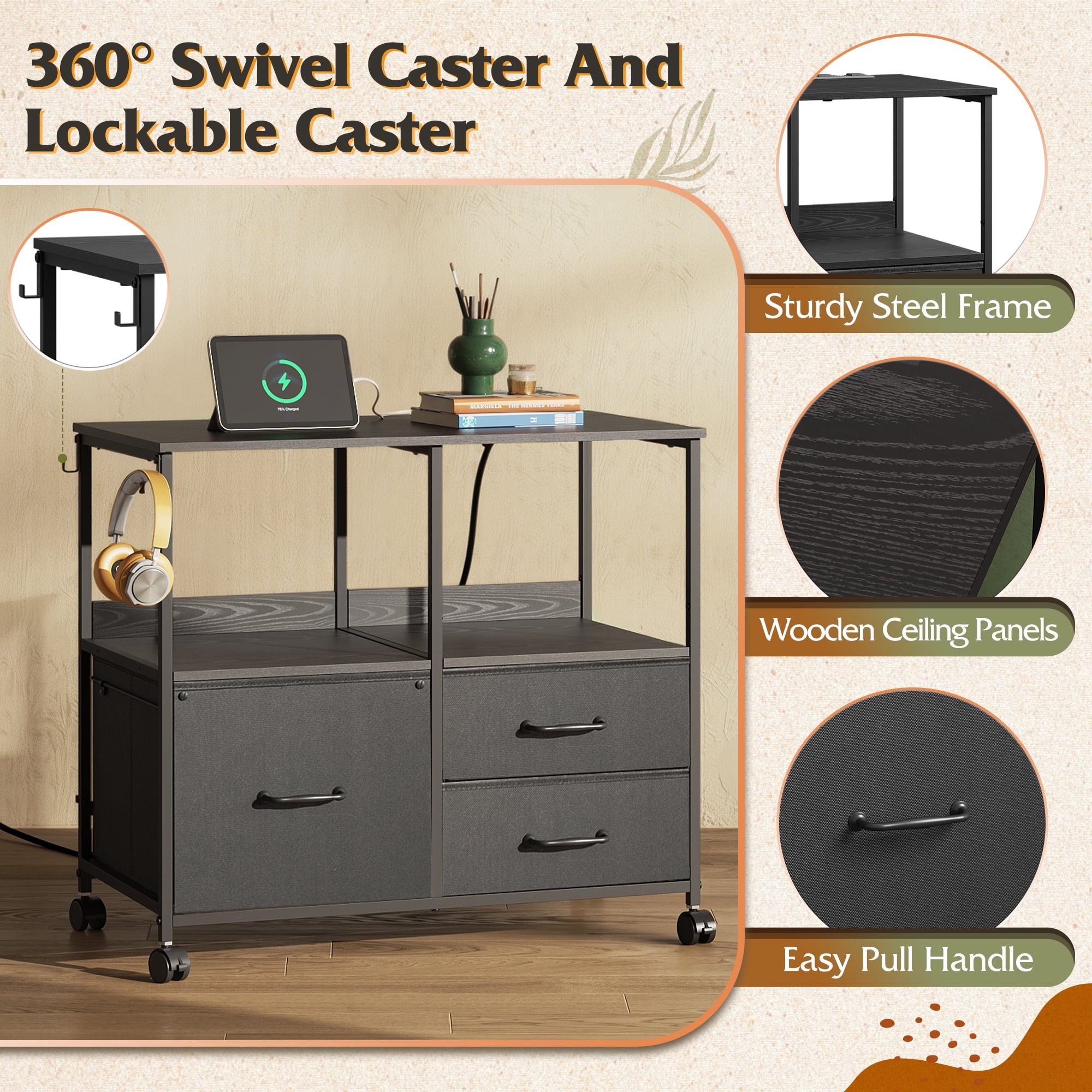 GALAXHERO 3 Drawer File Cabinet with Charging Station, Mobile Printer Stand with Storage Shelf for Home Office, Fit Letter/A4 Size, Wood Grain Print