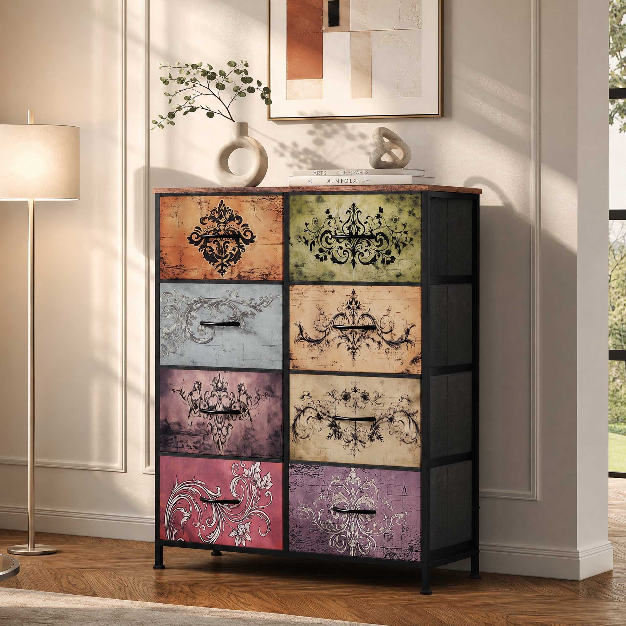 GALAXHERO 8 Drawer Fabric Dresser for Bedroom, Storage Bins Chest of Drawer for Closet, Living Room, Hallway, Wood Grain Print