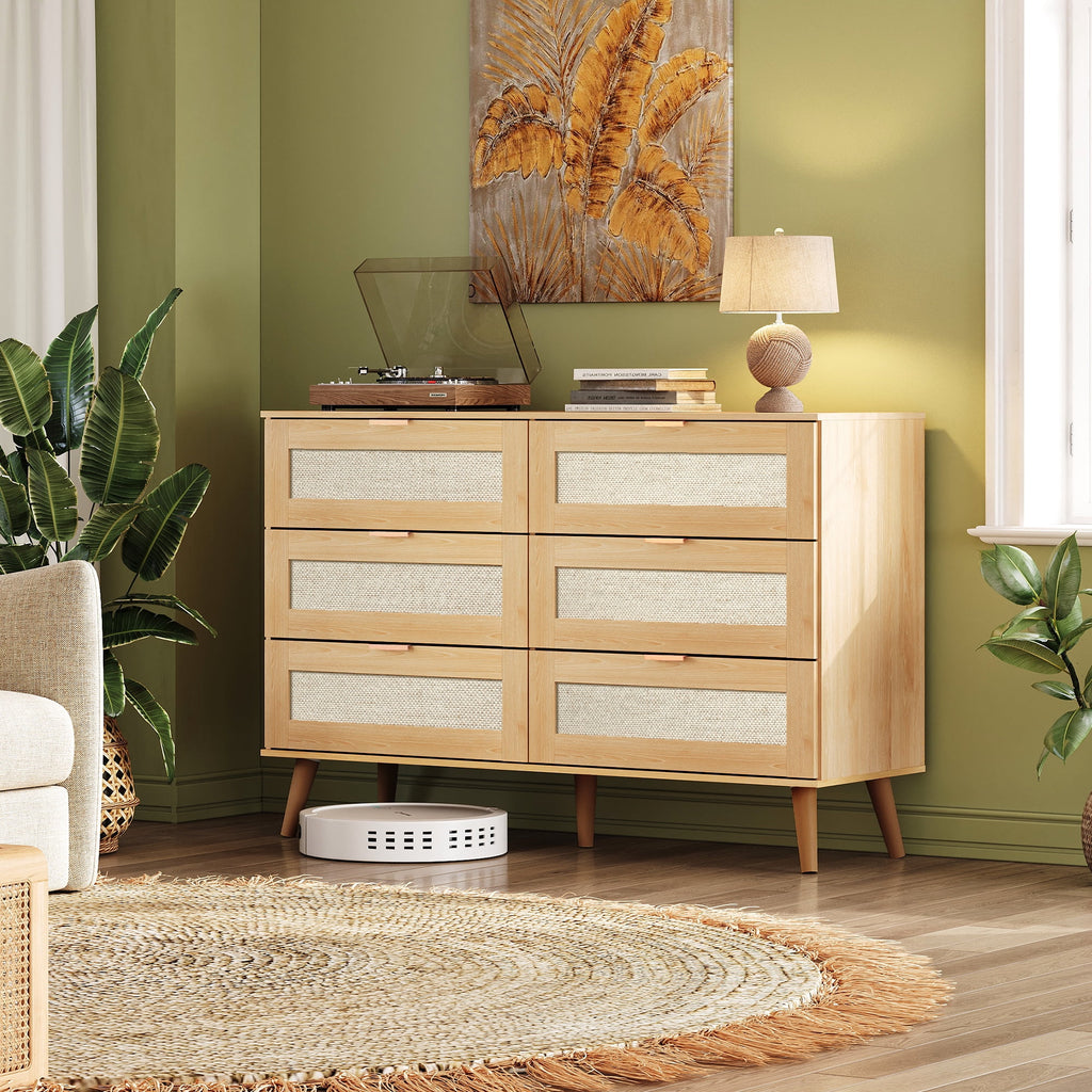 GALAXHERO Rattan Dresser for Bedroom, 6 Drawer 47.24'' Wide Boho Wood Dresser, Chest of Drawers, TV Stand for 55 inch TV, Storage Cabinet for Living Room, Gold Metal Handle, Hallway, Light Oak