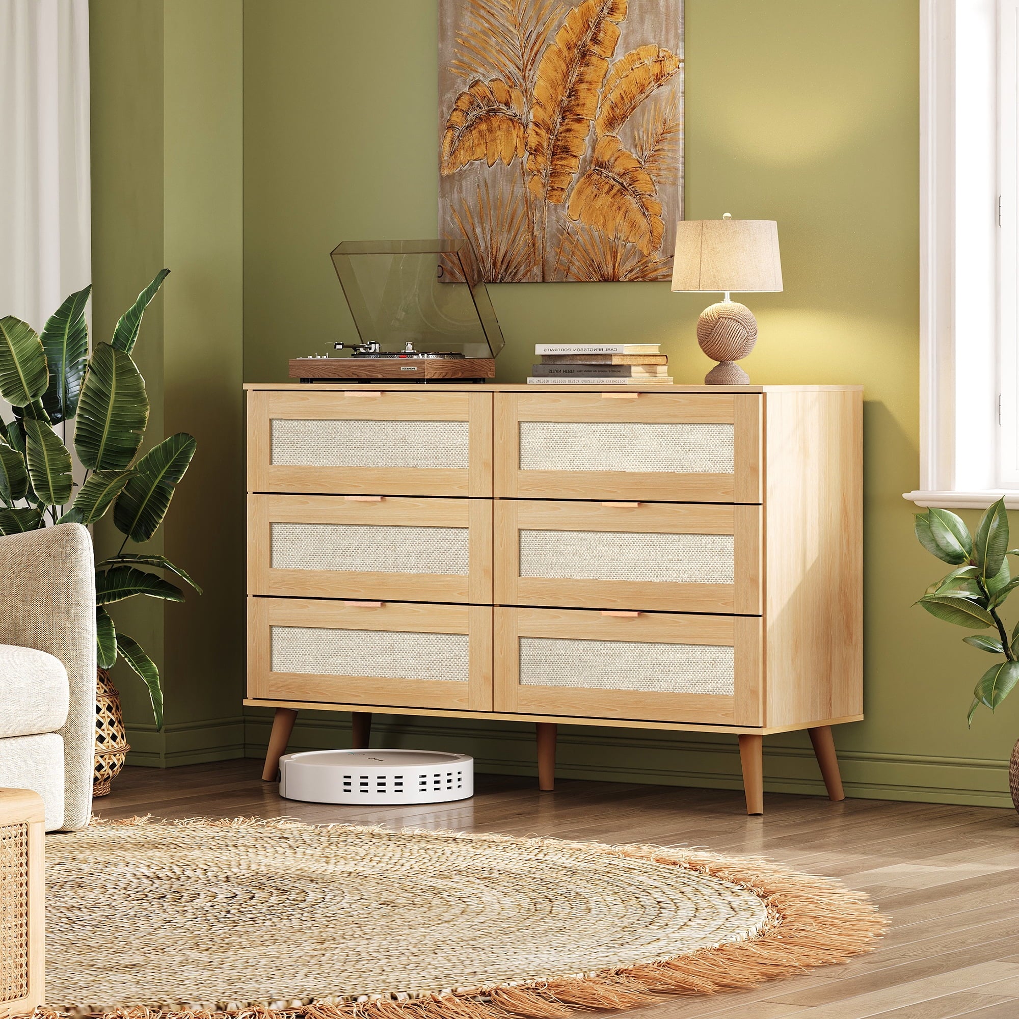 GALAXHERO Rattan Dresser for Bedroom, 6 Drawer 47.24'' Wide Boho Wood Dresser, Chest of Drawers, TV Stand for 55 inch TV, Storage Cabinet for Living Room, Gold Metal Handle, Hallway, Light Oak