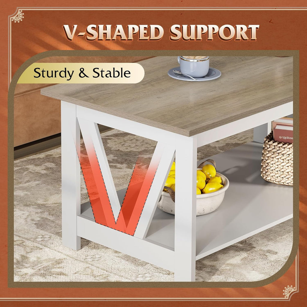 GALAXHERO 39.4" Coffee Table with Storage Shelf Farmhouse Coffee Table with V-Frame Support 2-Tier Wood Rustic Center Table for Living Room, Bedroom & Balcony