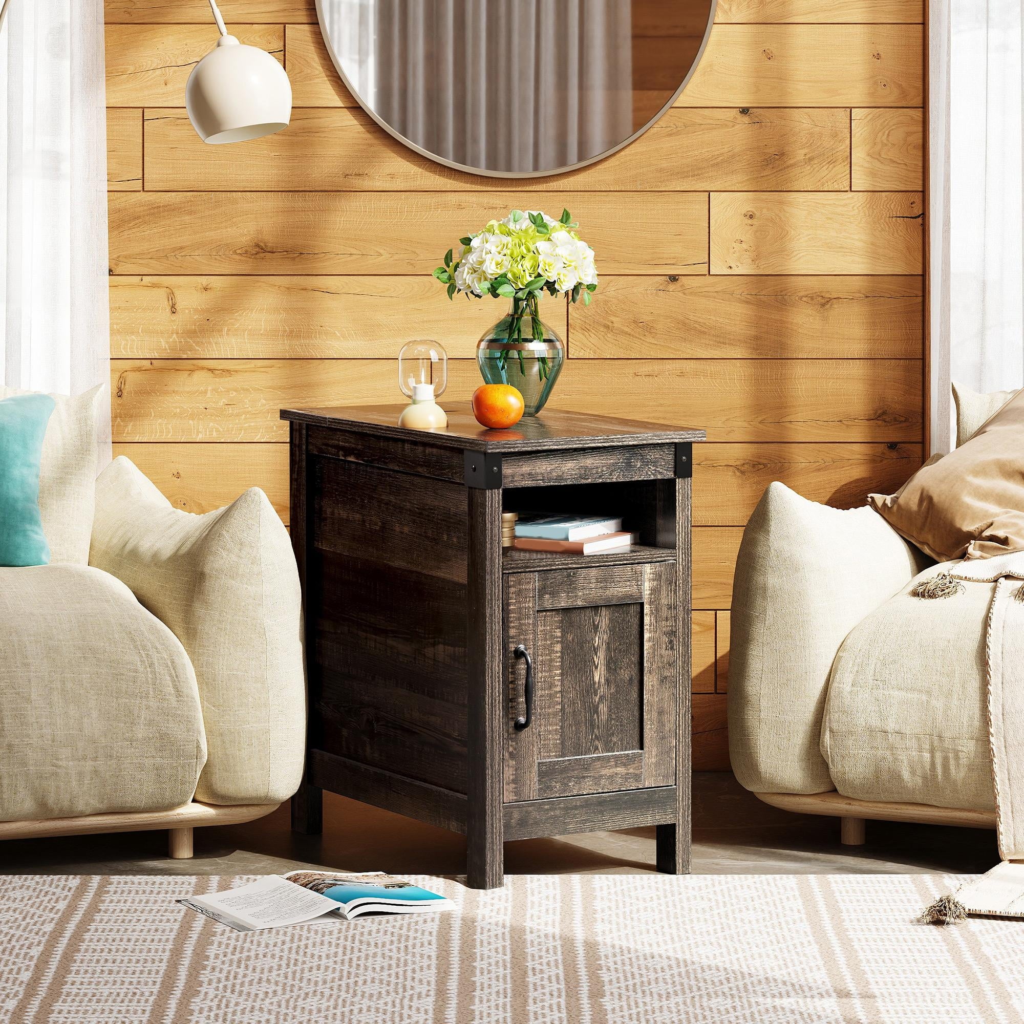 GALAXHERO End Table with Charging Station, Side Table with USB Ports and Outlets, Narrow Side Table for Small Spaces, Living Room, Couch, Nightstand with Storage, Brown