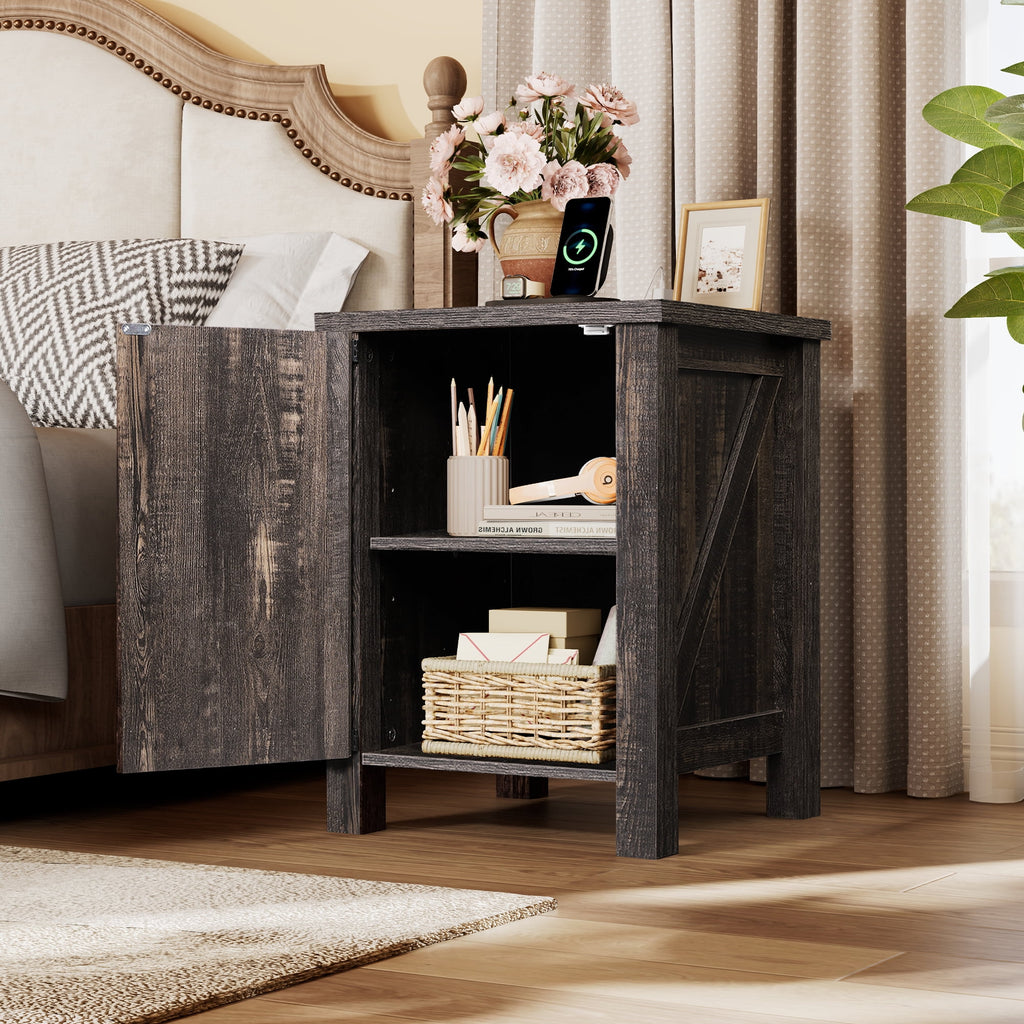 GALAXHERO Nightstand with Charging Station, Farmhouse Narrow Side Table with Barn Door, Wooden Bedside Table for Bedroom, End Tables for Living Room