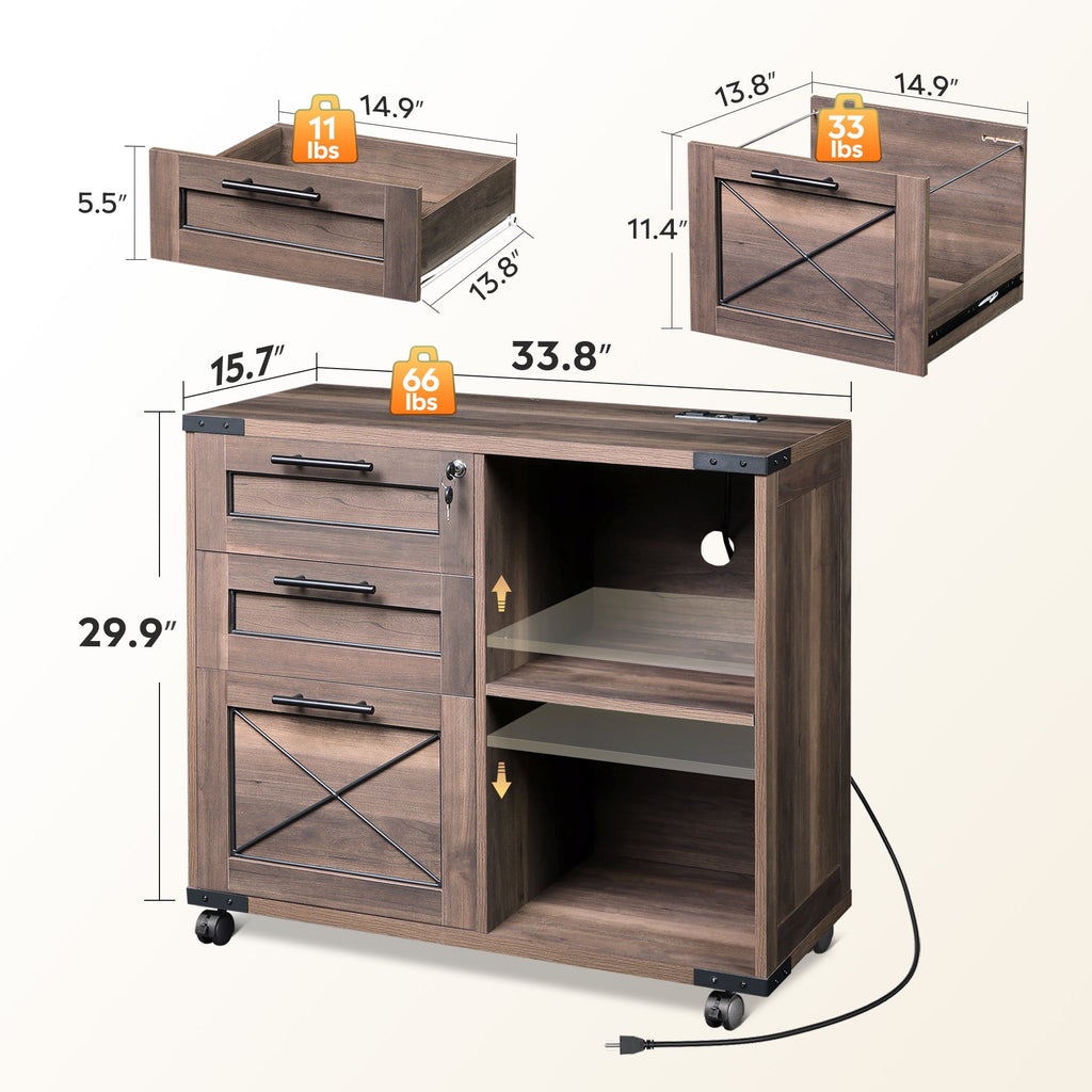 GALAXHERO 3-Drawer Locking File Cabinet, Wood Filing Cabinets with Charging Station, Rolling Printer Stand for Home Office