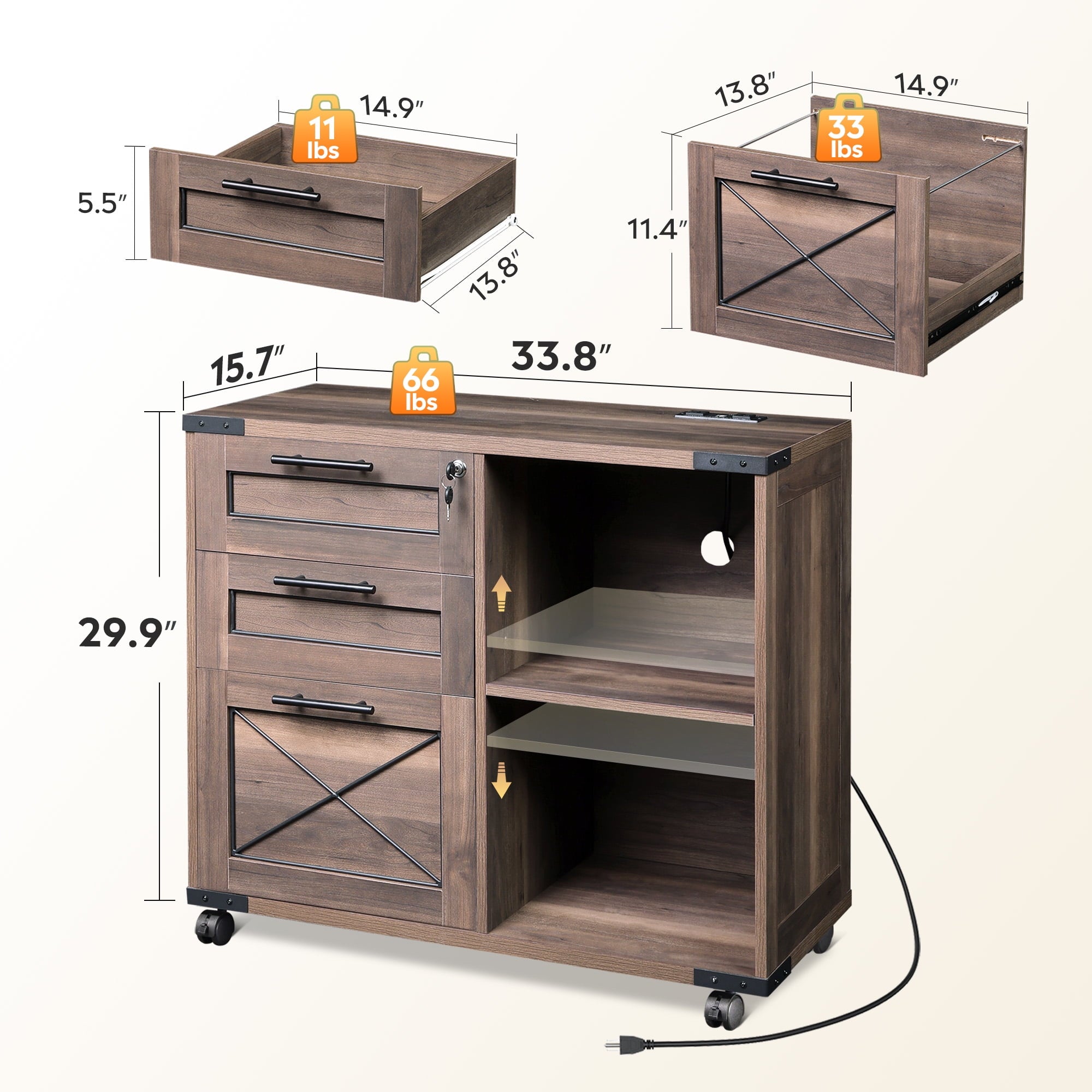 GALAXHERO 3-Drawer Locking File Cabinet, Wood Filing Cabinets with Charging Station, Rolling Printer Stand for Home Office