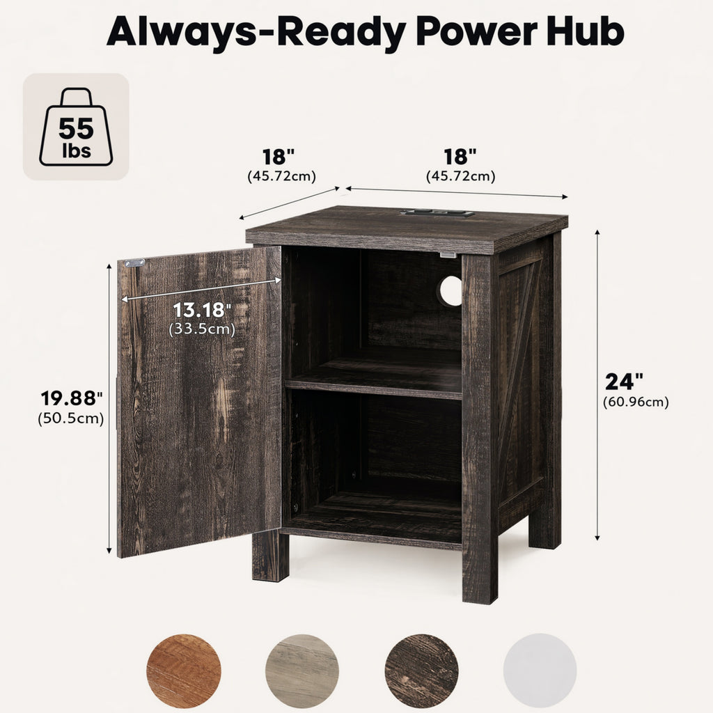 GALAXHERO Narrow Nightstand with Charging Station, Farmhouse Barn Door Wood Bedside Table & End Table with Storage for Bedroom, Living Room,Dorm