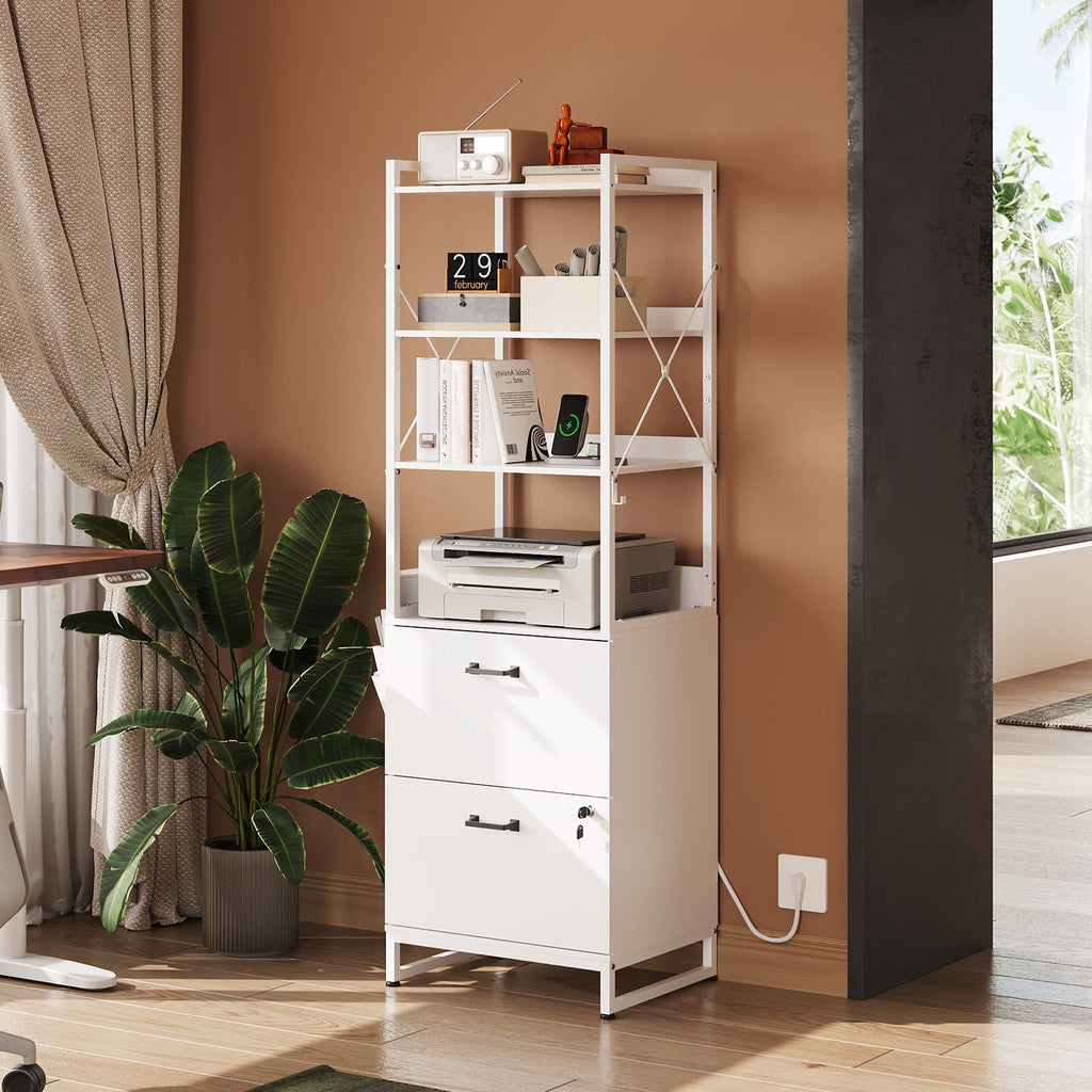 GALAXHERO 2 Drawer File Cabinet with Charging Station, Tall Vertical Filling Cabinet with Lock, Fits Letter/A4/Legal Size, Printer Stand & Adjustable Shelves for Home Office