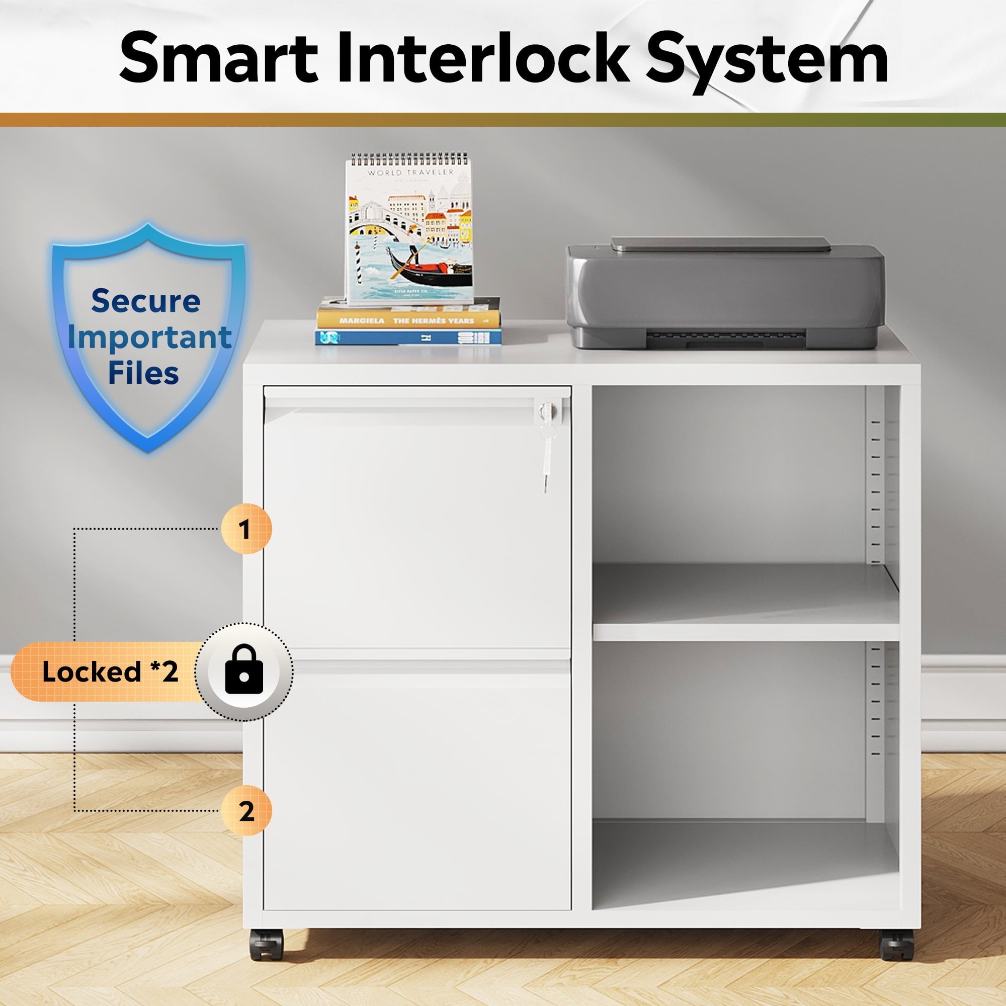 GALAXHERO 2 Drawer File Cabinet with Lock, Metal Filing Cabinet for Home Office, Rolling Printer Stand with Adjustable Shelf, Fit Letter/A4/Legal Size Files, White