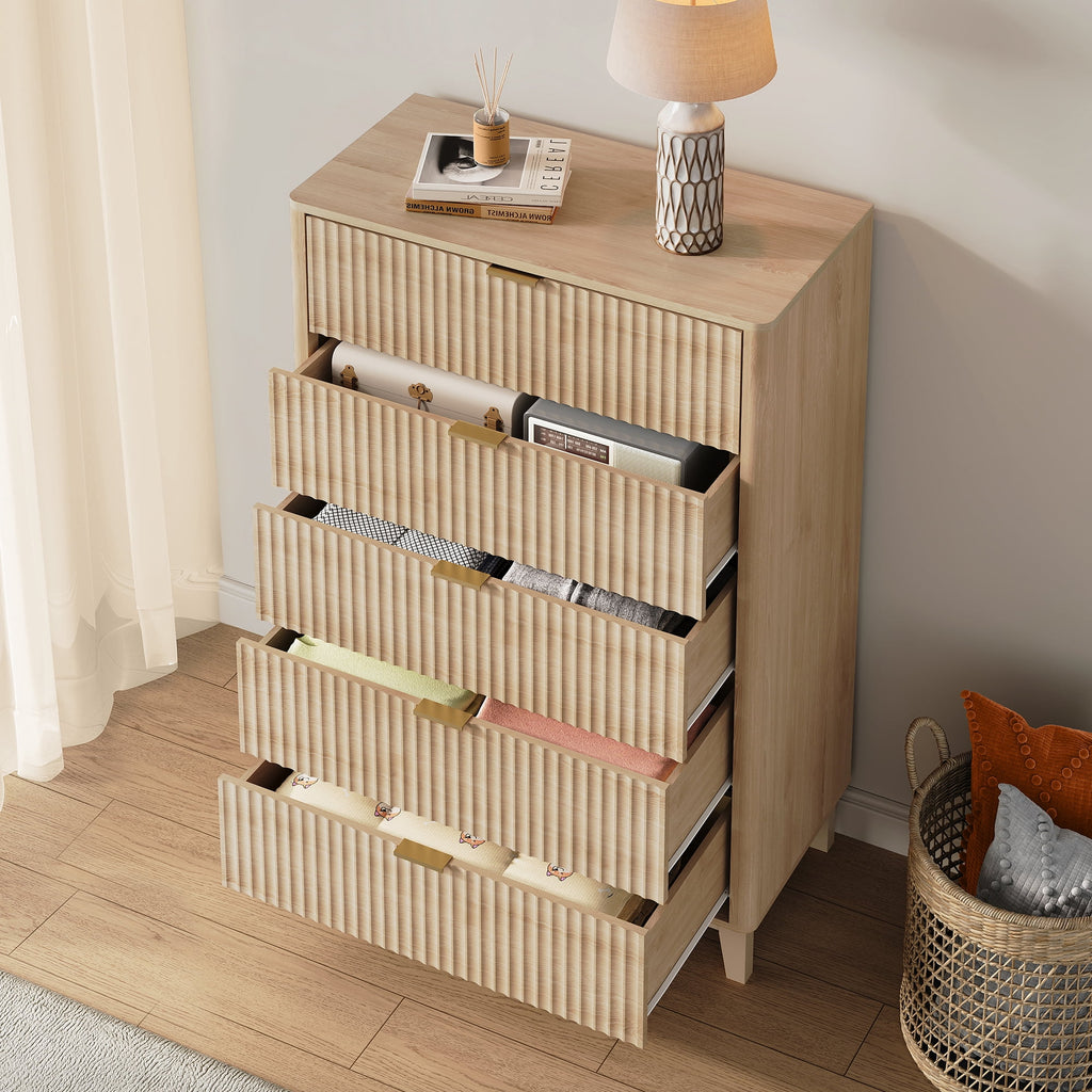 GALAXHERO 5 Drawers Dresser, Fluted Tall Dresser with Golden Metal Handles, Modern Chest of Drawers for Bedroom, Living Room, Hallway, Closet