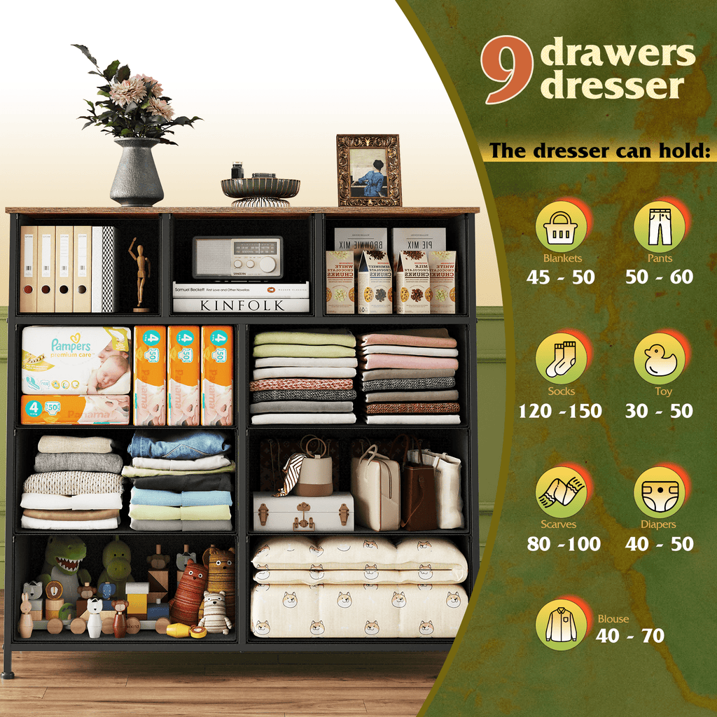 GALAXHERO 9-Drawer Fabric Dresser, Tall Storage Tower for Bedroom, Hallway, Entryway, Closet, Chest Organizer Unit with Fabric Bins, Steel Frame, Wood Top, Wood Grain Print