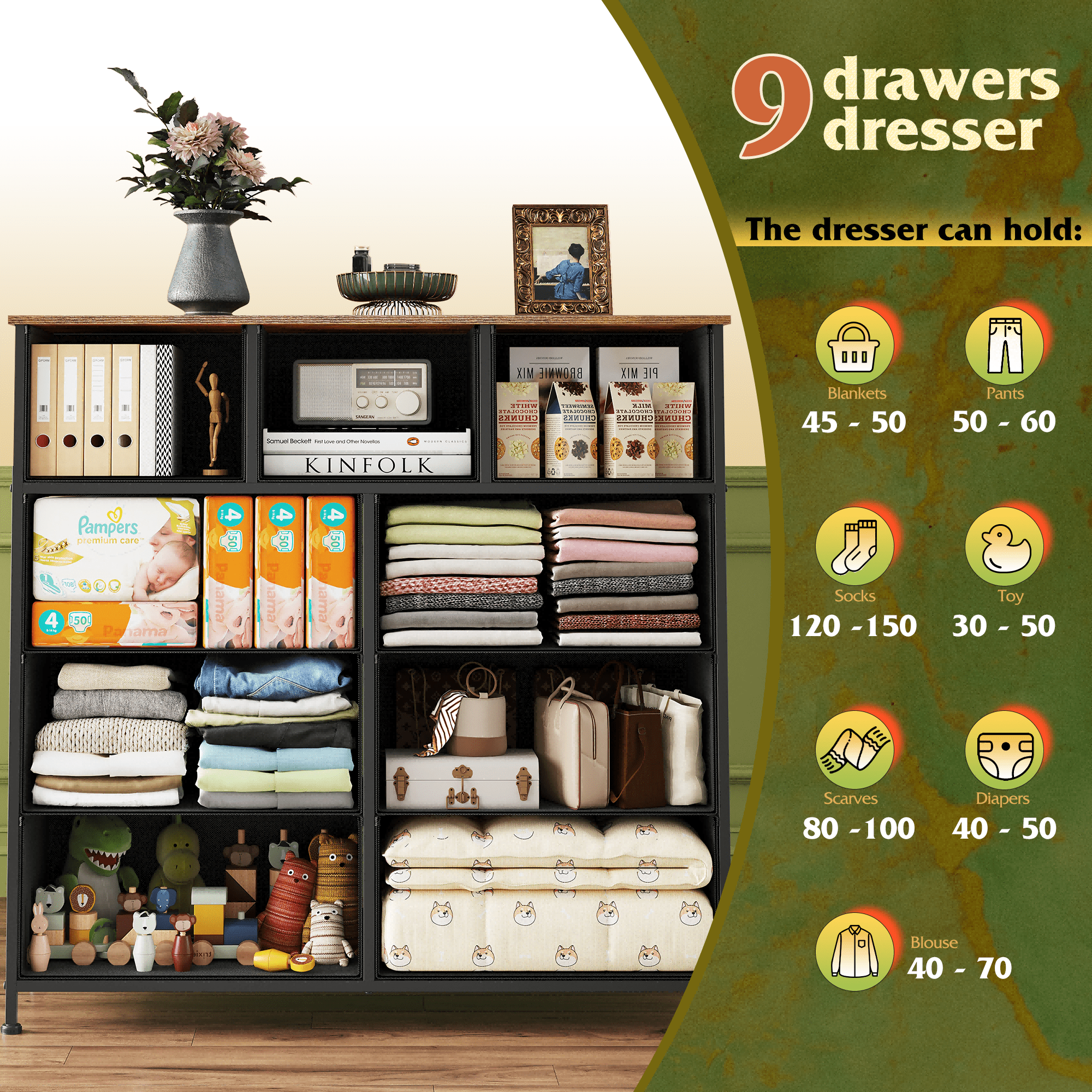 GALAXHERO 9-Drawer Fabric Dresser, Tall Storage Tower for Bedroom, Hallway, Entryway, Closet, Chest Organizer Unit with Fabric Bins, Steel Frame, Wood Top, Wood Grain Print