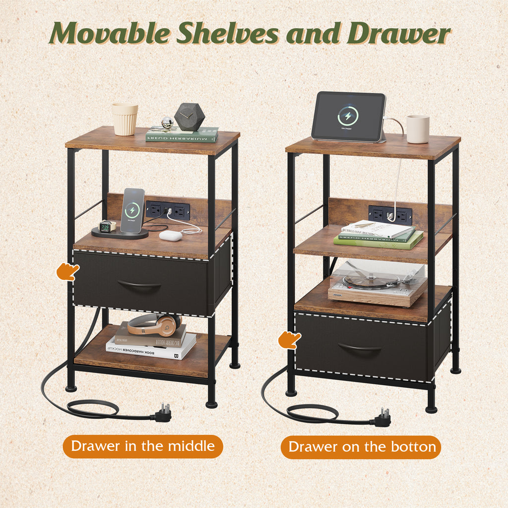 GALAXHERO LED Nightstand with Charging Station, Small Dresser with Drawer and Storage Shelfs for Bedroom