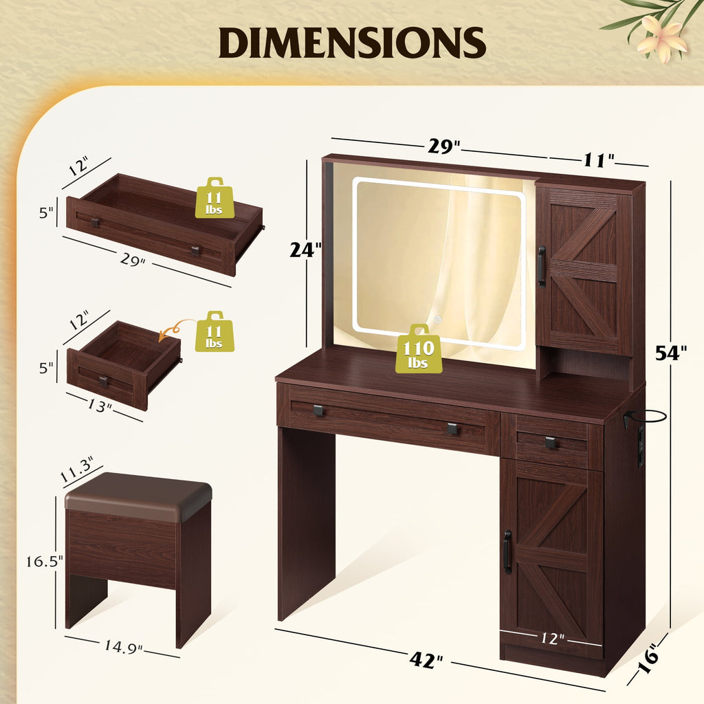 GALAXHERO Farmhouse Vanity Desk, Makeup Table Set with Mirror and Lights, Dressing Table with 2 Drawers and 2 Cabinets, Hair Dryer Holder for Bedroom