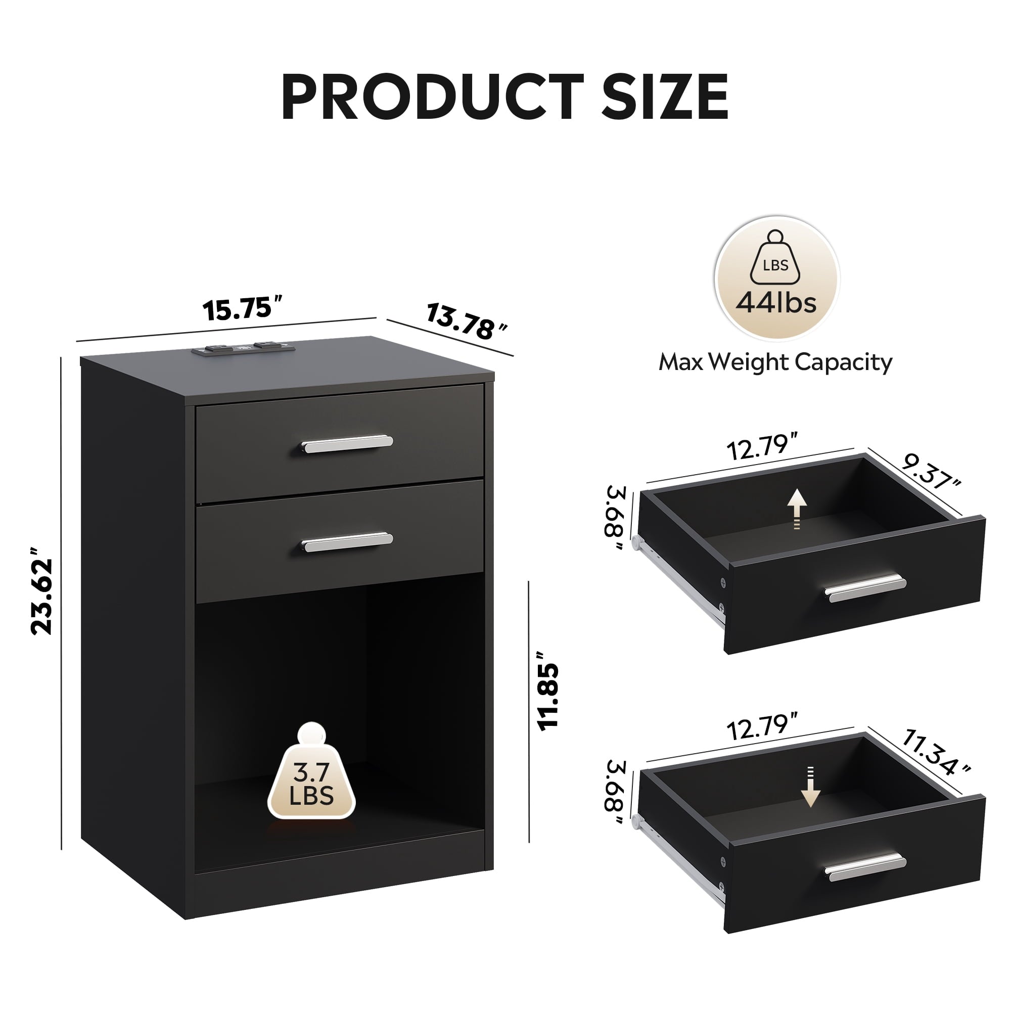 GALAXHERO Nightstand Set of 2 with Charging Station and 2 Drawers, Wood Bedside Table End Table with Open Shelf for Bedroom, Living Room