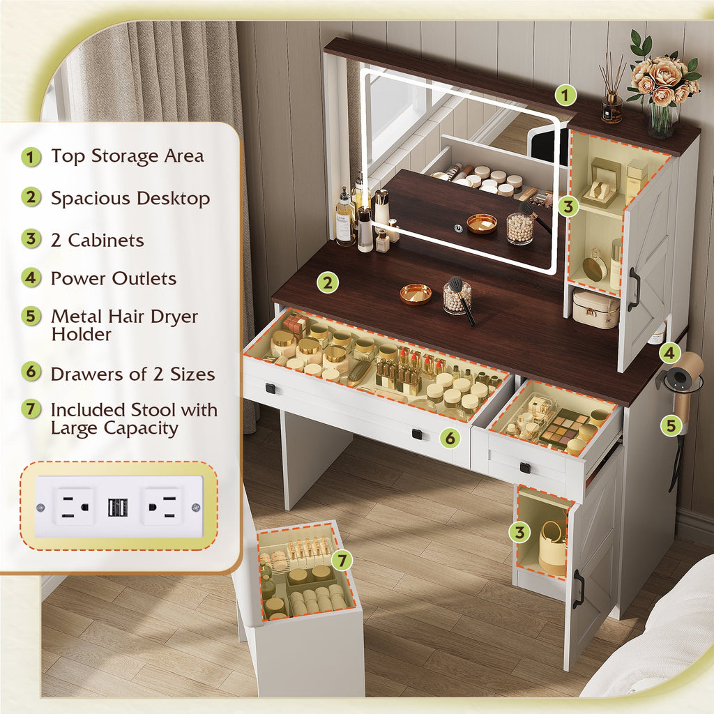 GALAXHERO Farmhouse Vanity Desk, Makeup Table Set with Mirror and Lights, Dressing Table with 2 Drawers and 2 Cabinets, Hair Dryer Holder for Bedroom