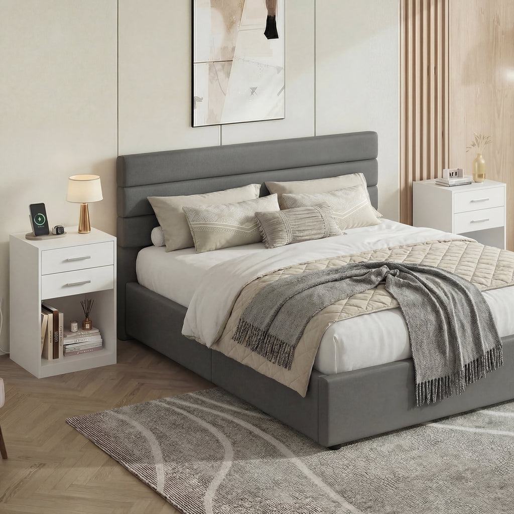 GALAXHERO Nightstand Set of 2 with Charging Station and 2 Drawers, Wood Bedside Table End Table with Open Shelf for Bedroom, Living Room