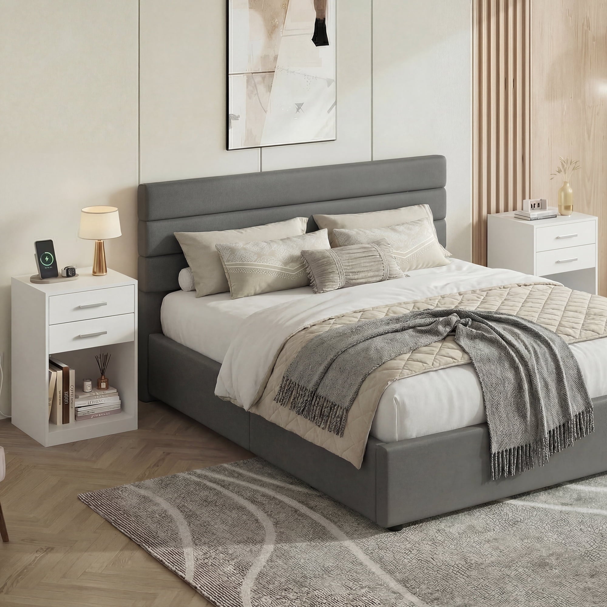 GALAXHERO Nightstand Set of 2 with Charging Station and 2 Drawers, Wood Bedside Table End Table with Open Shelf for Bedroom, Living Room