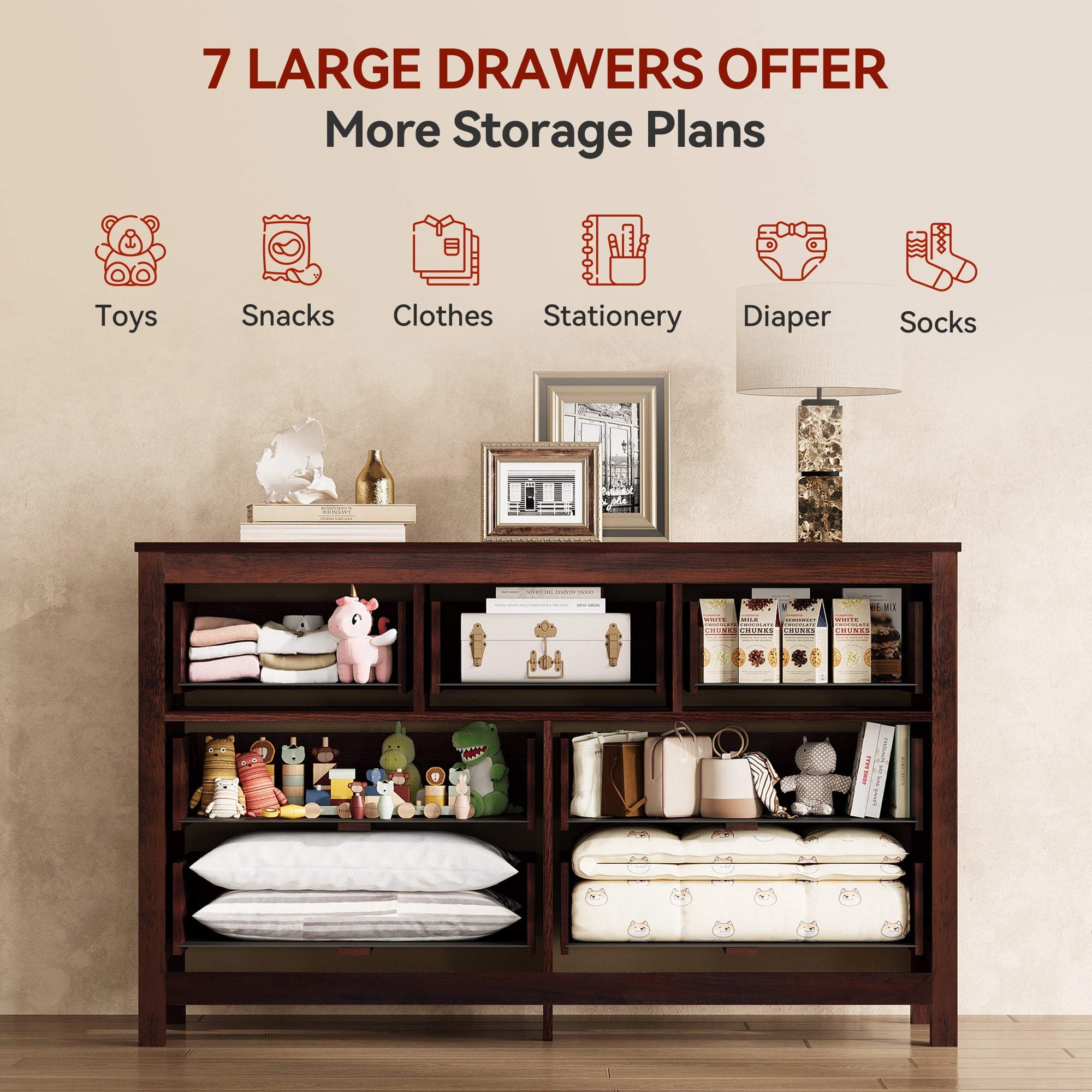 GALAXHERO Farmhouse Dresser for Bedroom, 51.18'' Wide 7 Drawer Wood Dresser, TV Stand for 65 inch TV, Wooden Chest of Drawers for Bedroom, Modern Clothes Organizer for Living Room, Hallway