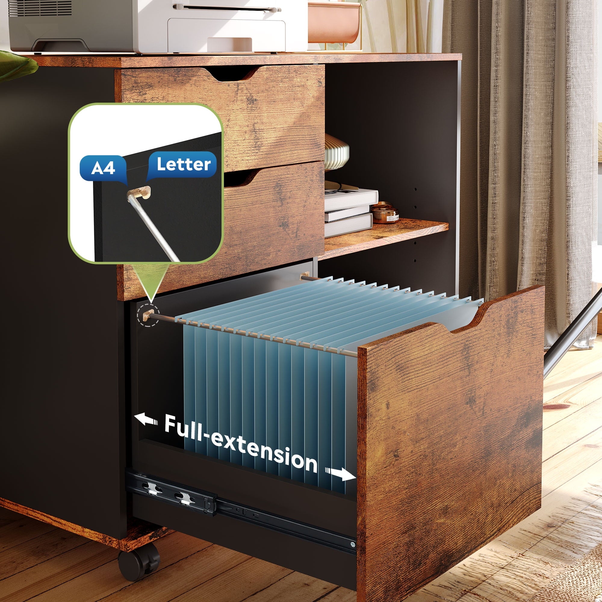 GALAXHERO 3-Drawer Wood File Cabinet, Mobile Lateral Filing Cabinet with Open Storage Shelves, Printer Stand for Home Office Organization