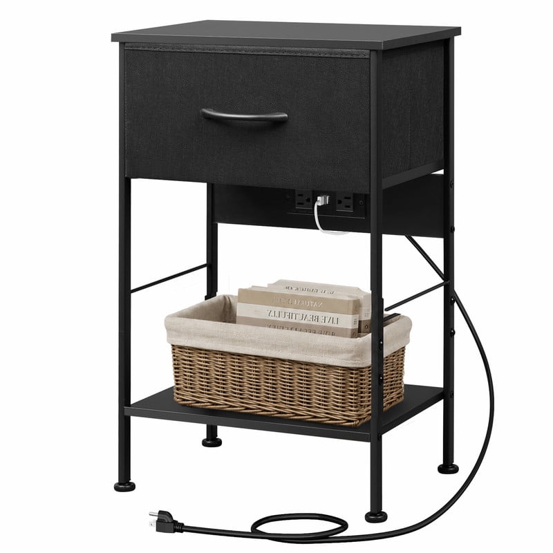 GALAXHERO Nightstand with Charging Station, Small Dresser with Drawer and Storage Shelfs for Bedroom